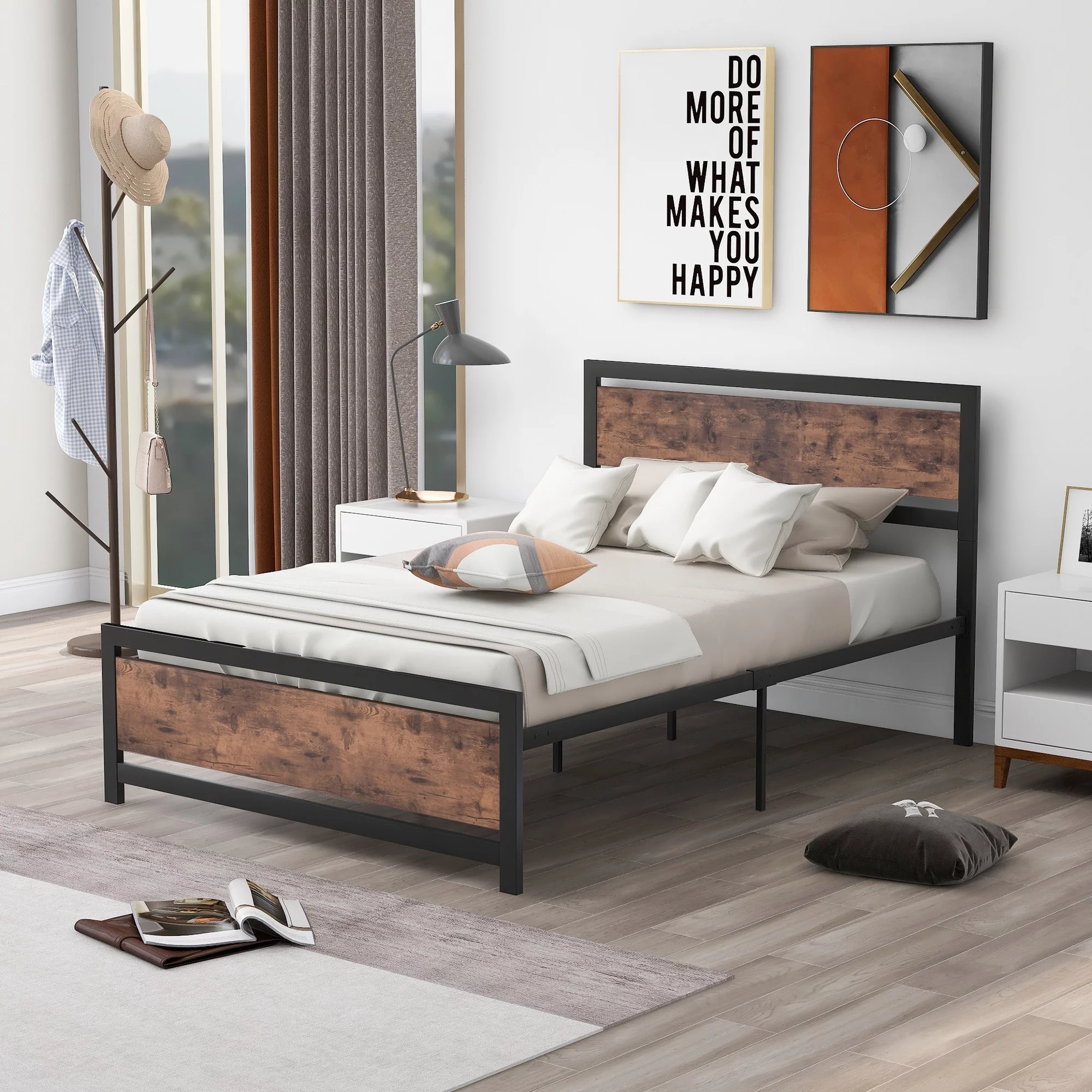 YJTONWIN Bed Frame with Headboard & Footboard, Industrial Full Platform Bed