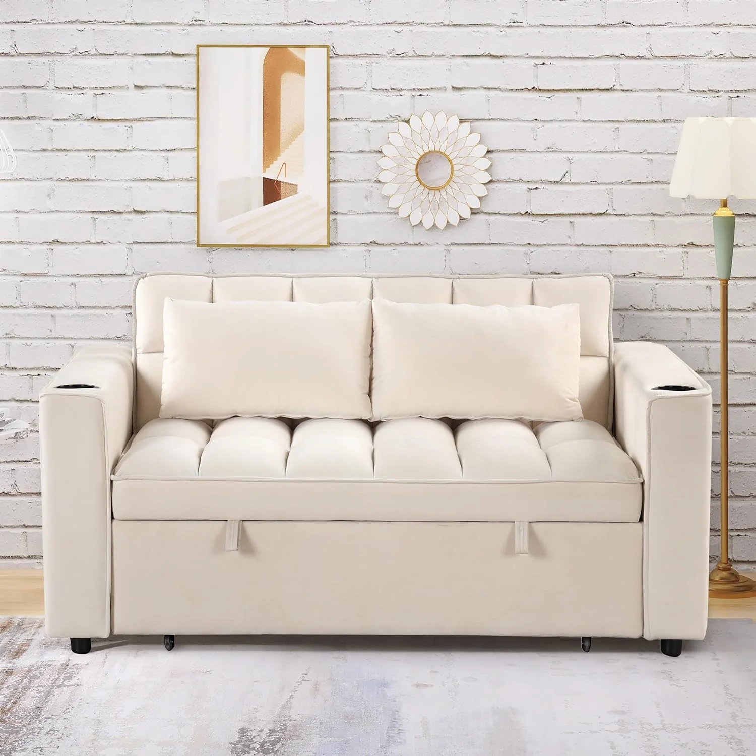 Convertible Sofa Couch With Pull Out Bed, 3-In-1 Multi-Functional Sofa Bed With Cup Holder And USB Port, 2 Seat Loveseat Sleeper Sofa Bed For Small Space, Living Room