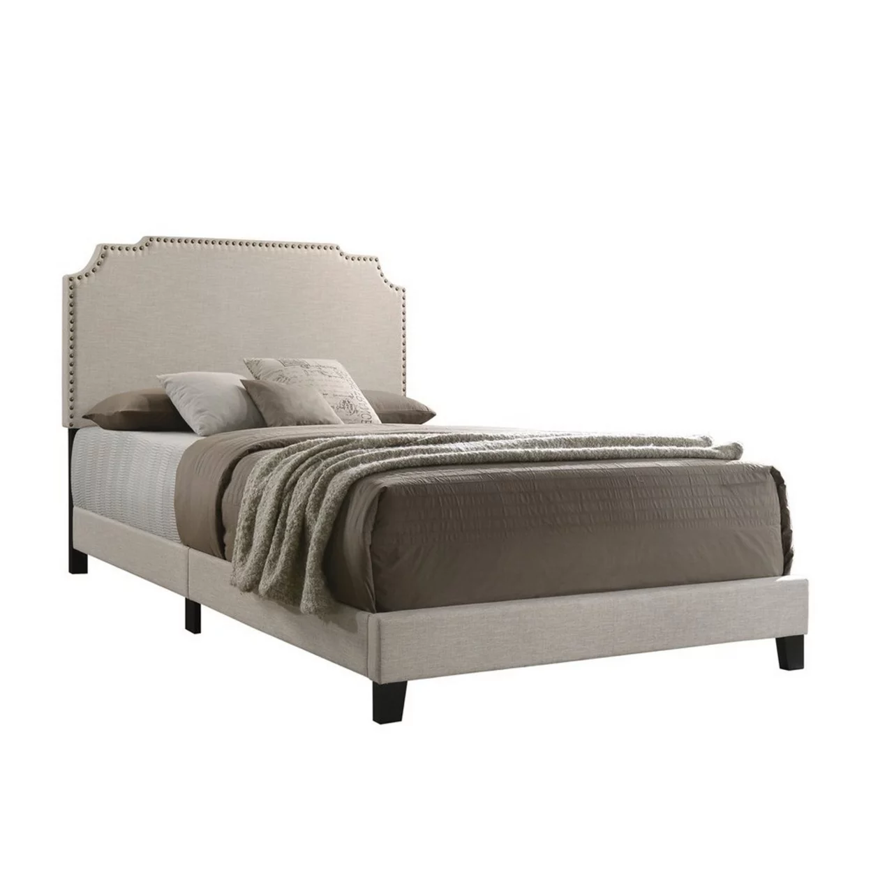 Fabric Upholstered Wooden Queen Size Bed with Nailhead Trims Beige- Saltoro Sherpi