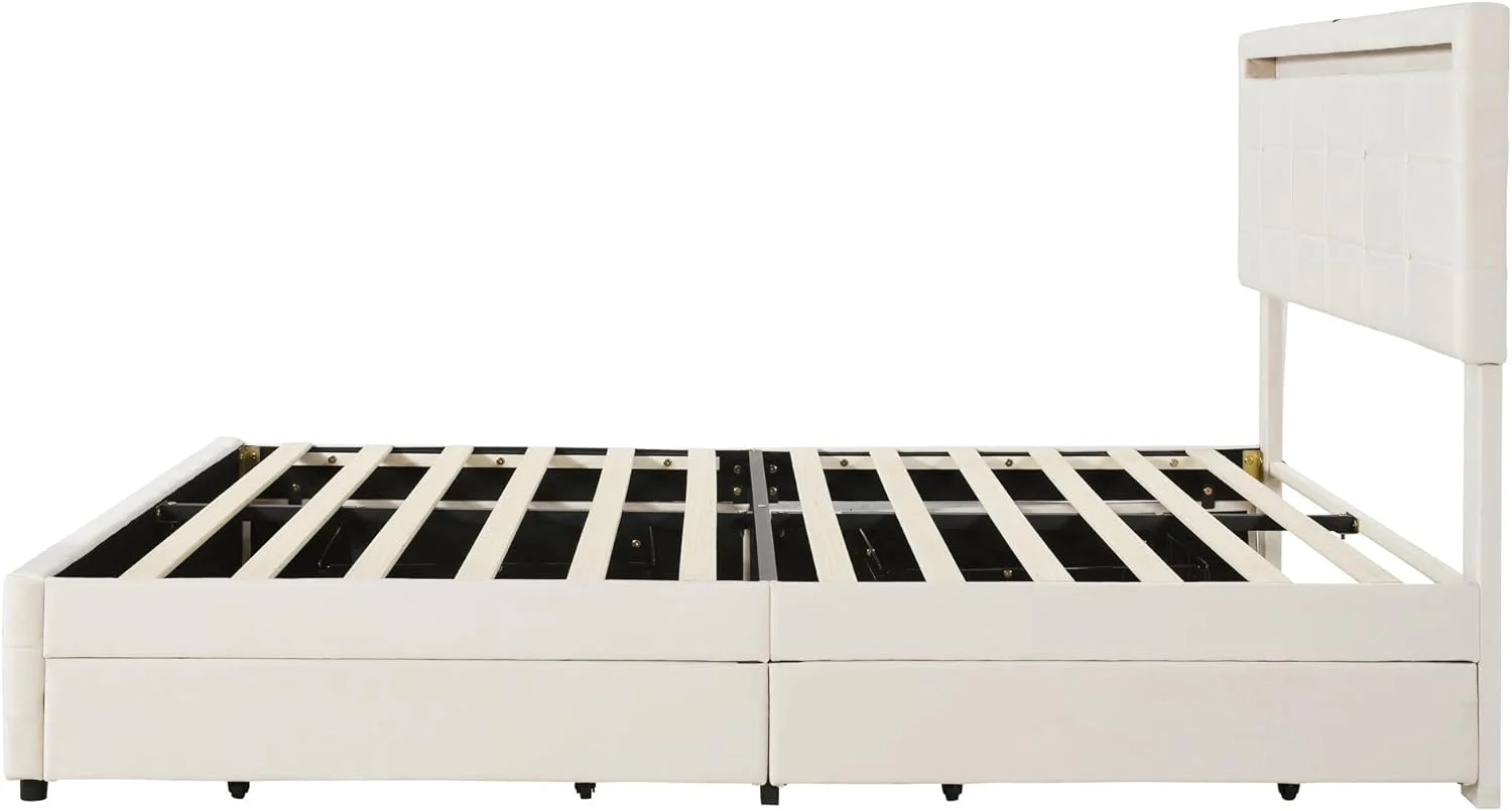 Queen Size Upholstered Platform Bed with 4 Drawers and a Set of Type C and USB Ports, Velvet Upholstered Bed Frame with LED Light Headboard and Footboard, Adjustable Headboard