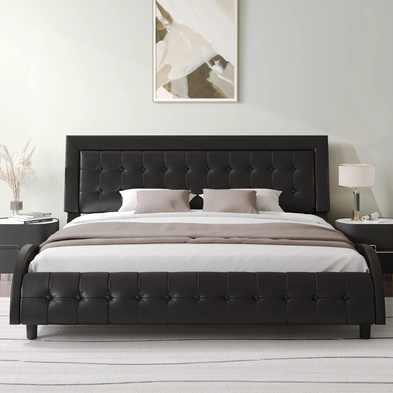 Allewie King Size Leather Platform Bed Frame with Modern Wavy Box-Tufted Adjustable Headboard, Black