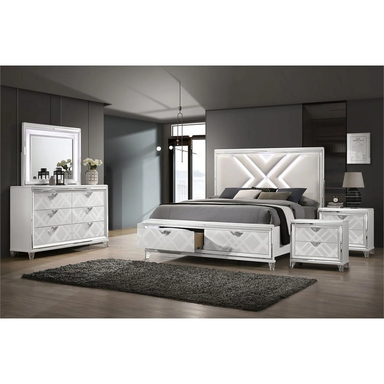 Pemberly Row 5pc White Wood Bedroom Set - Queen+2 Nightstands+Dresser+Mirror