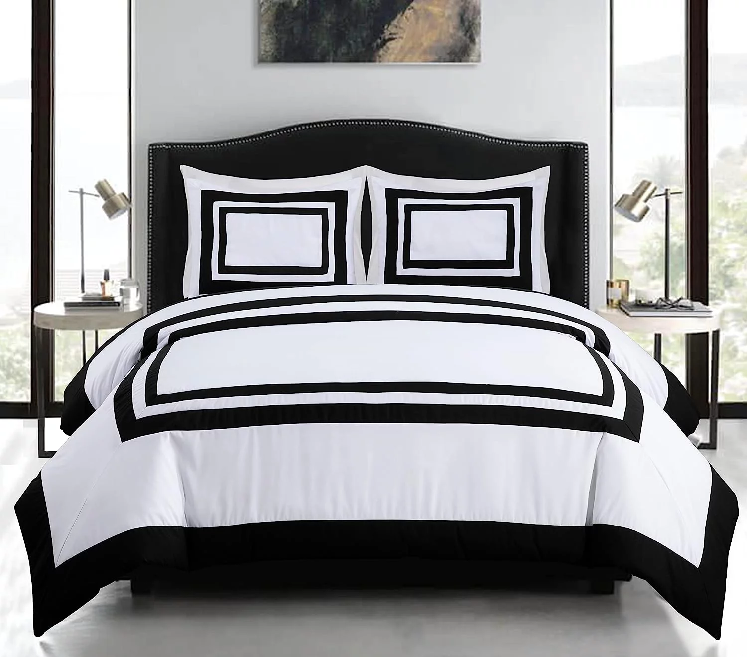 Chezmoi Collection Wyatt 7-Piece King Bed in a Bag Comforter Set with Sheets Hotel Style White/Black Square Pattern Bedding Set