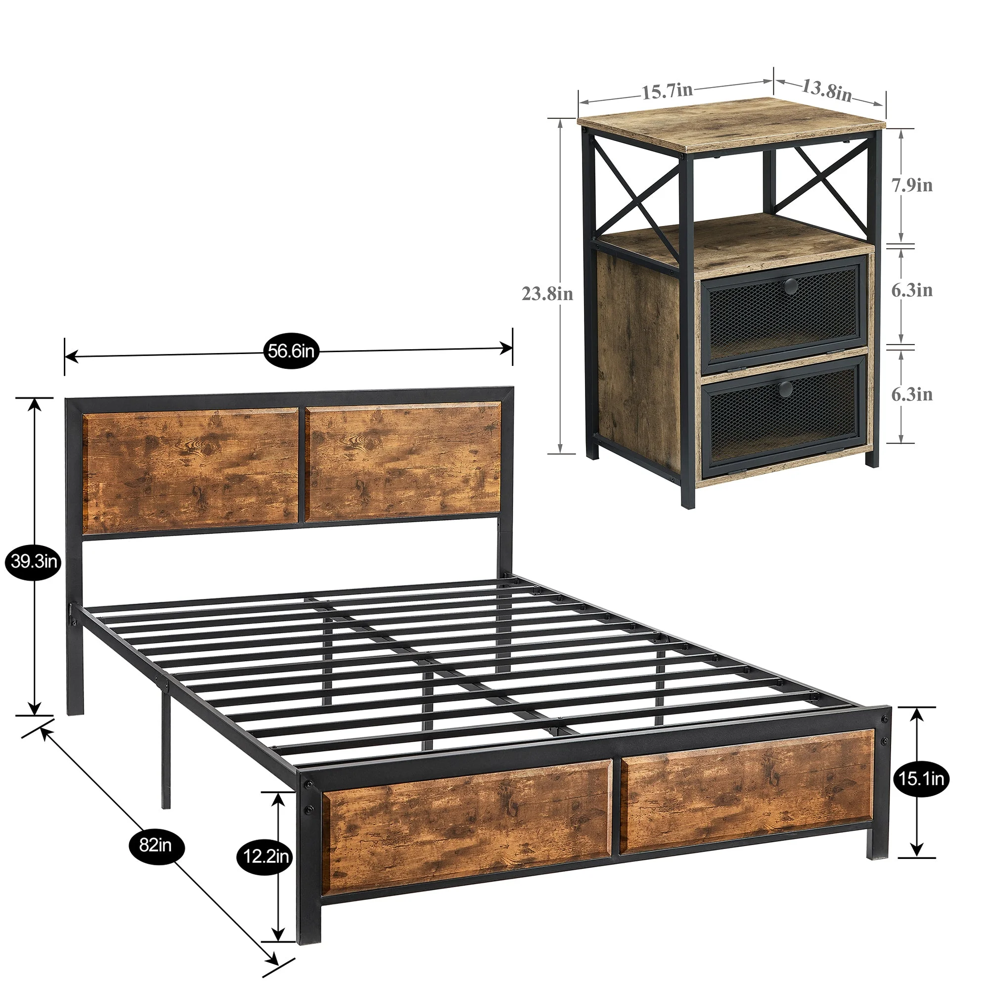 VECELO 3-Piece Full Bedroom Sets with Wooden Headboard Bed Frame and 2 Gray Nightstands