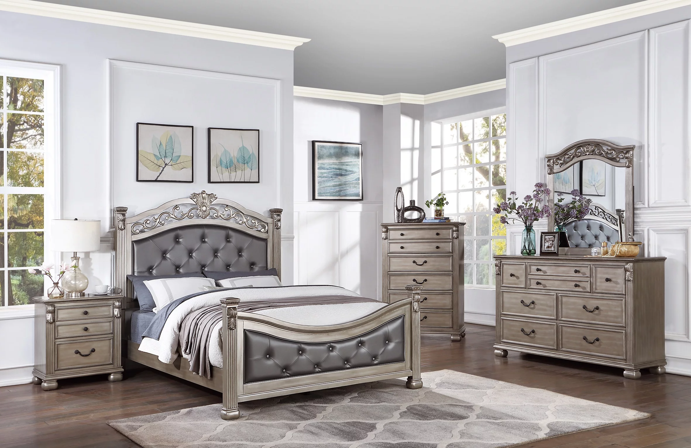 Bedroom Transitional Formal Queen Bed Posts HB FB 4pc Set Dresser Mirror Nightstand Wooden Furniture