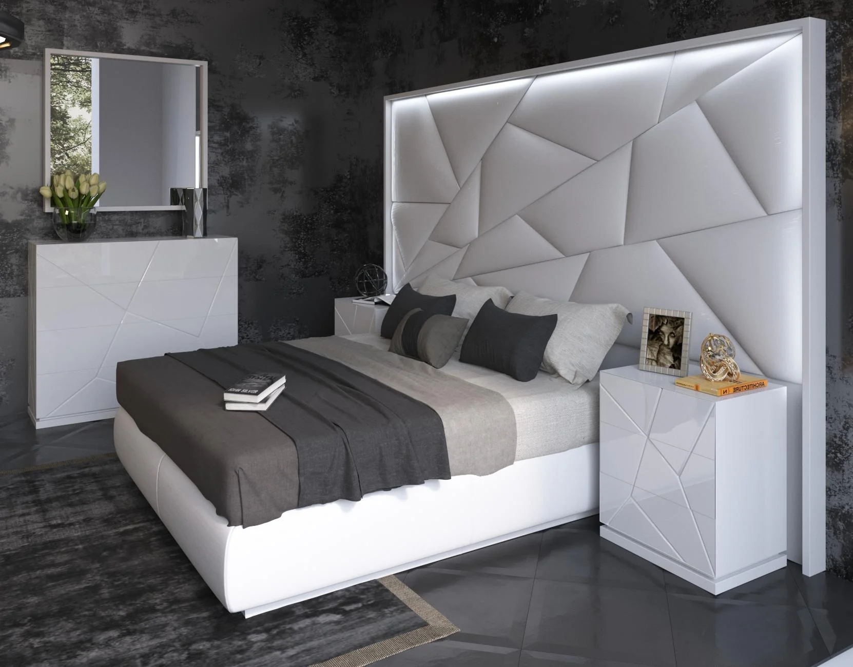 Glam Glossy White Majesty & Kiu Queen Bedroom Set 3P w/light ESF MADE IN SPAIN