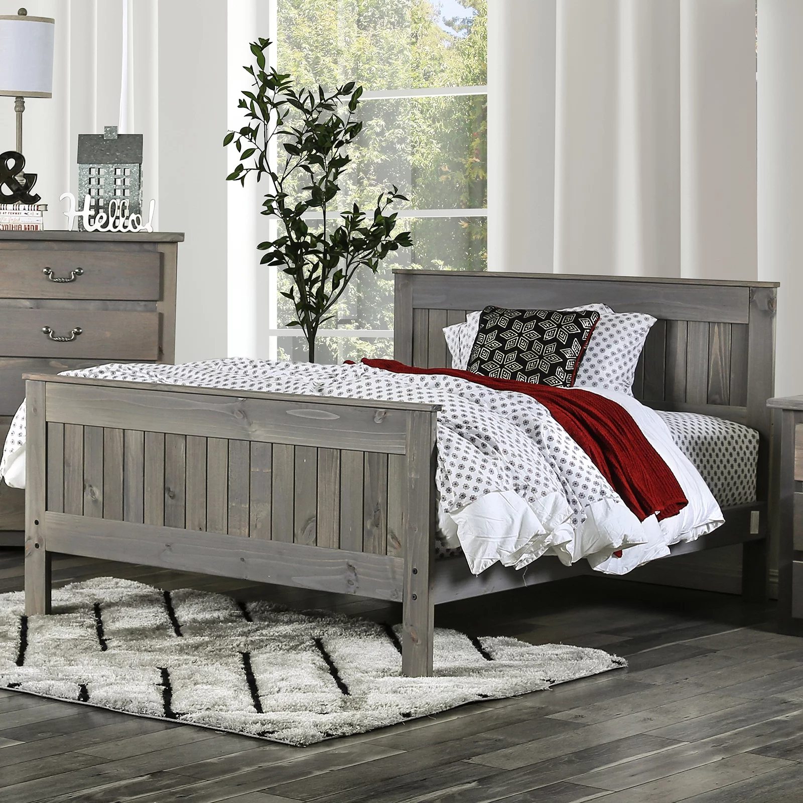 Transitional Simple Panel Headboard Footboard Queen Size Bed 1pc Bedframe Weathered Gray Pine Wood Bedroom Made in USA