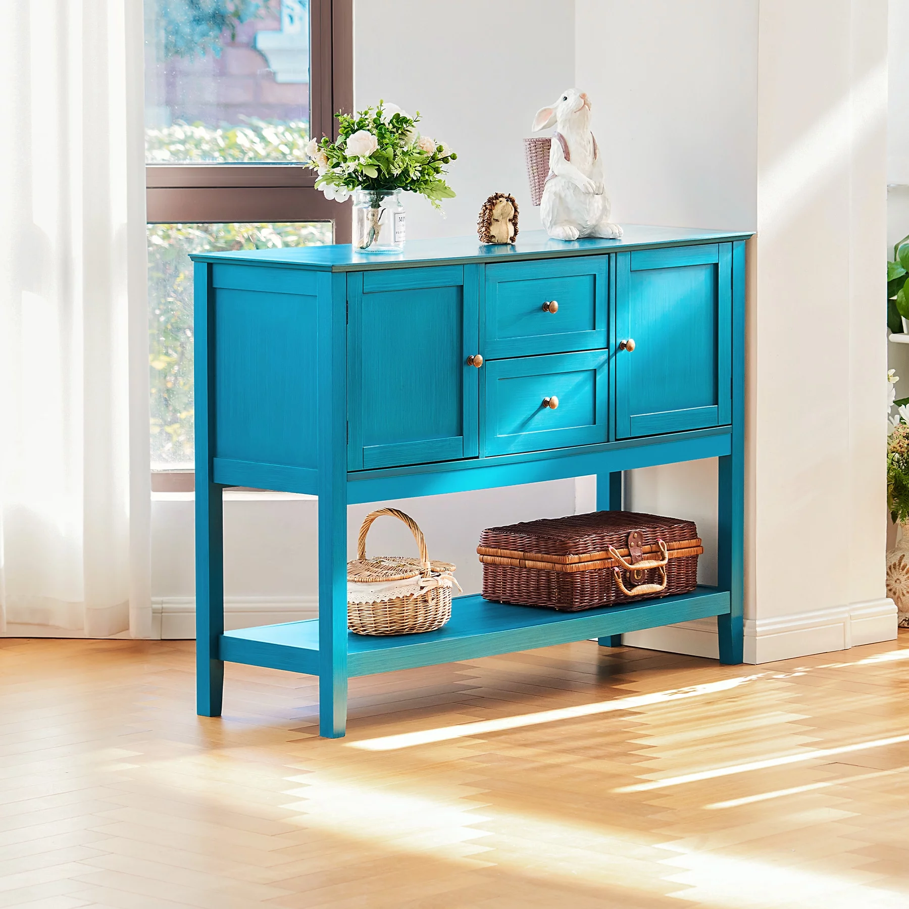 Bestco Sideboard Buffet Server Console Table Coffee Bar Cabinet w Drawers Cabinets Teal