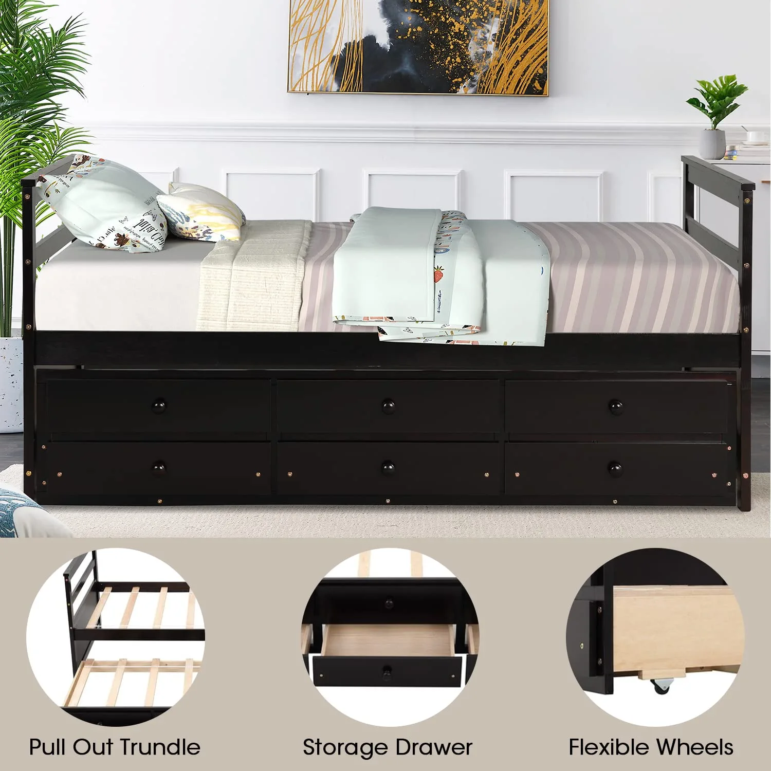 Superjoe Daybed with Trundle and 3 Storage Drawers, Wood Captain Bed for Kids Teens, No Box Spring Needed, Brown