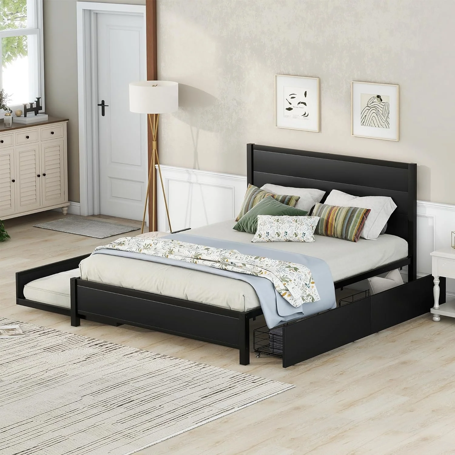 Meal Quee Size Sorage Plaform Bed Wih Size rudle Ad 2 Drawers, Meal Sorage Plaform Bed Wih Headboard, Quee Plaform Bed Frame Wih Sorage For Guesroom Bedroom, Black