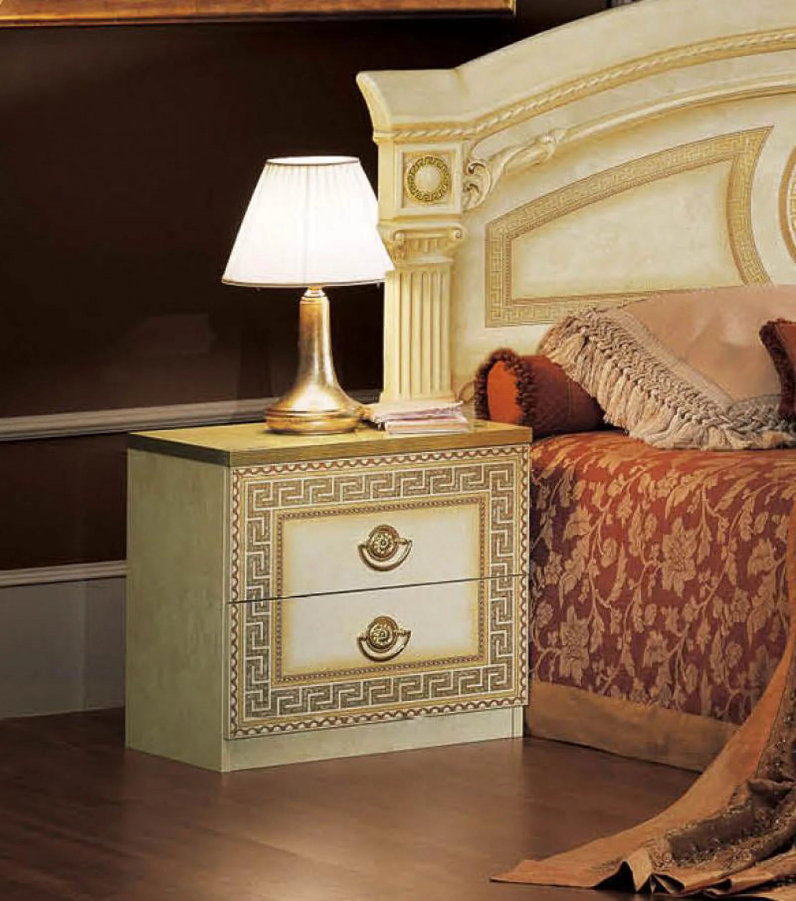 Lacquer Finish King Bedroom Set 3Ps Made in Italy ESF Aida Ivory Gold