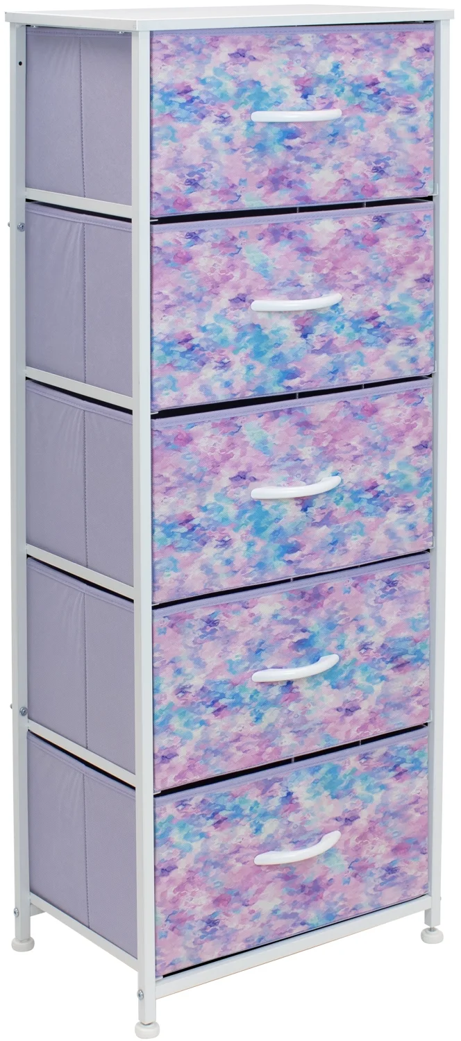 Sorbus Fabric Dresser for Kids Bedroom - Chest of 5 Drawers, Tall Storage Tower, Clothing Organizer, for Closet, for Playroom, for Nursery, Steel Frame, Fabric Bins - Wood Handle (Tie-dye Purple)