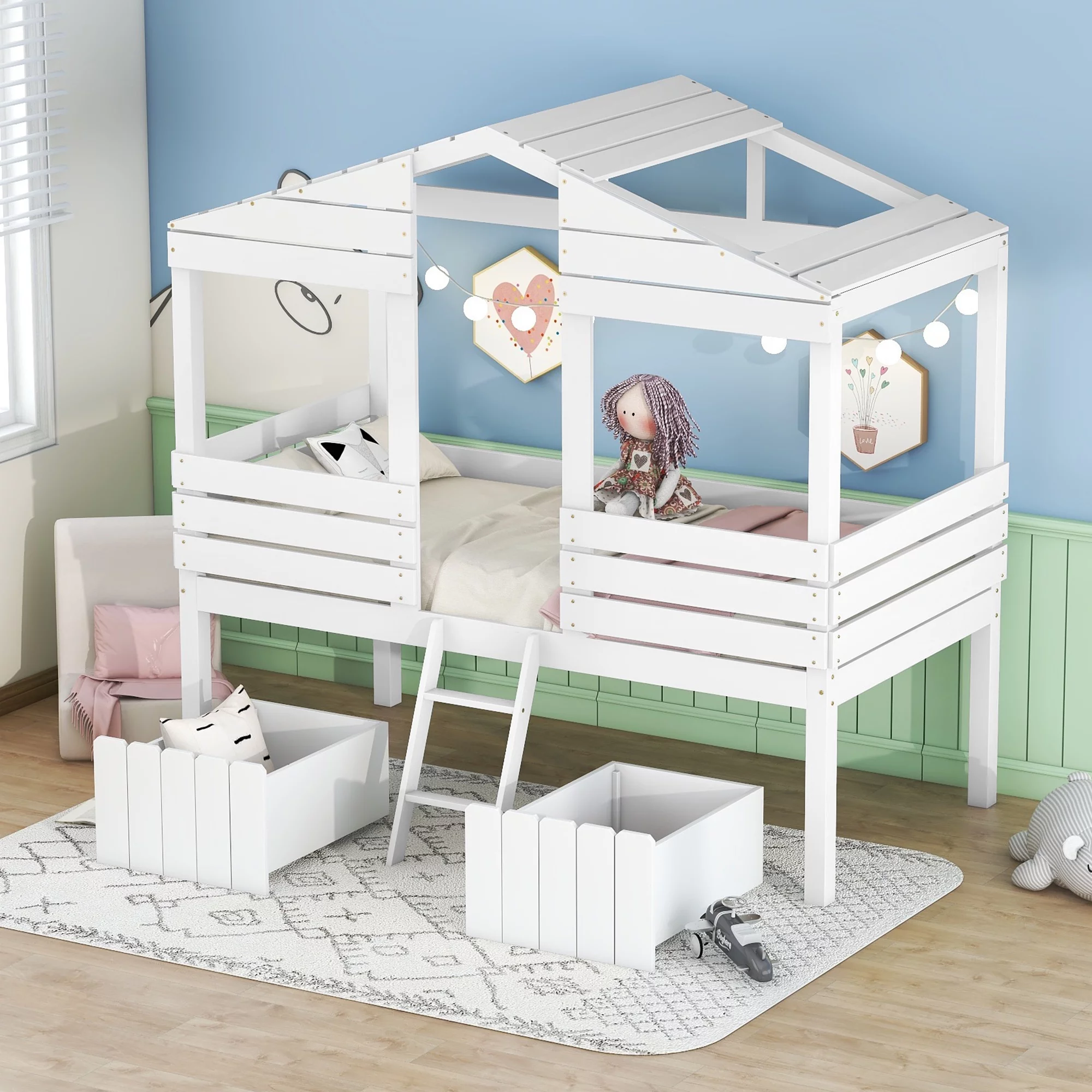 Bellemave White Kids Twin Size House-shaped Loft Bed with Storage for Bedroom, Twin Size Low Wood House Loft Bed with Two Drawers for Kids Children