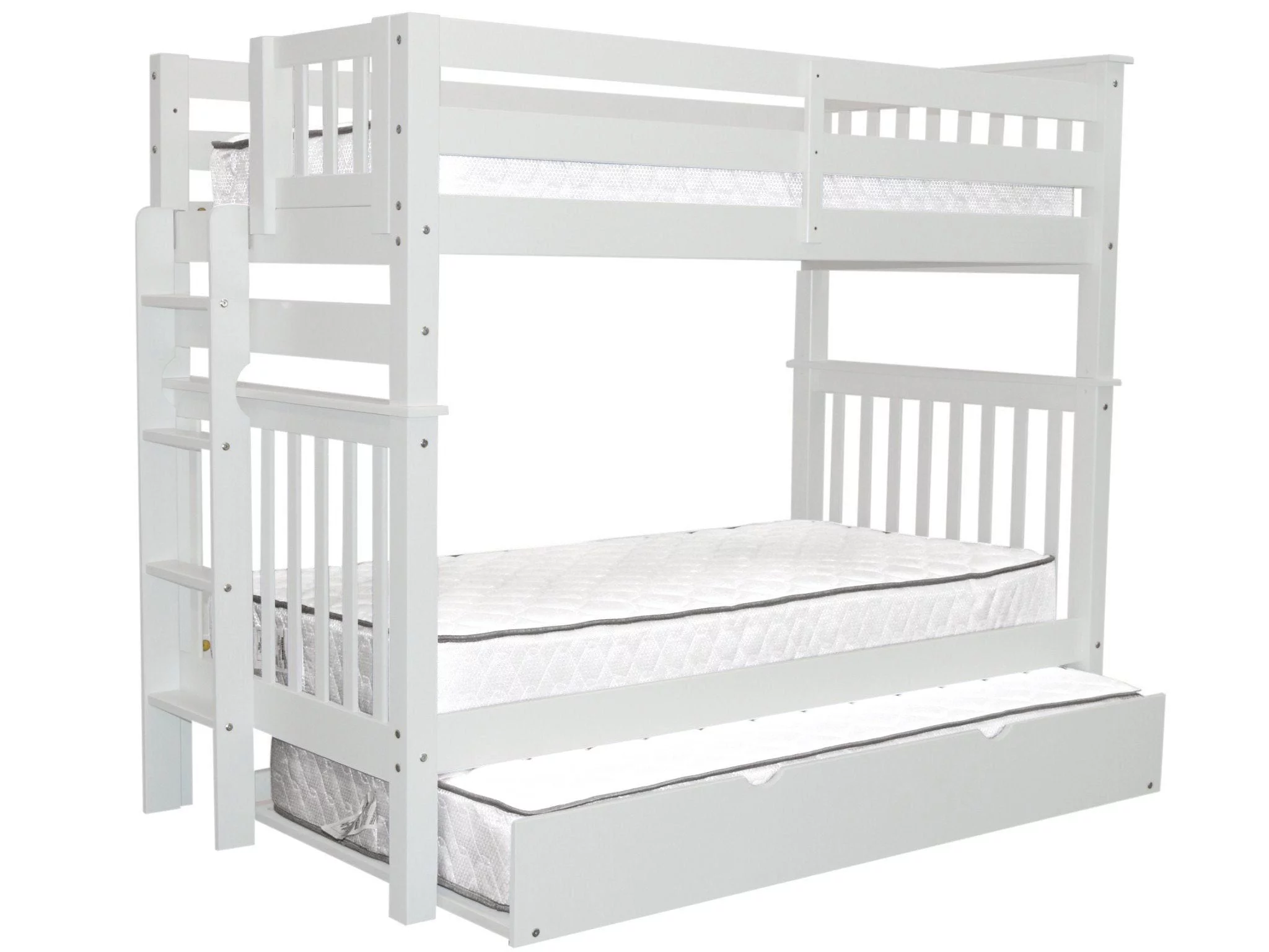 Bedz King Tall Bunk Beds Twin over Twin Mission Style with End Ladder and a Twin Trundle, White