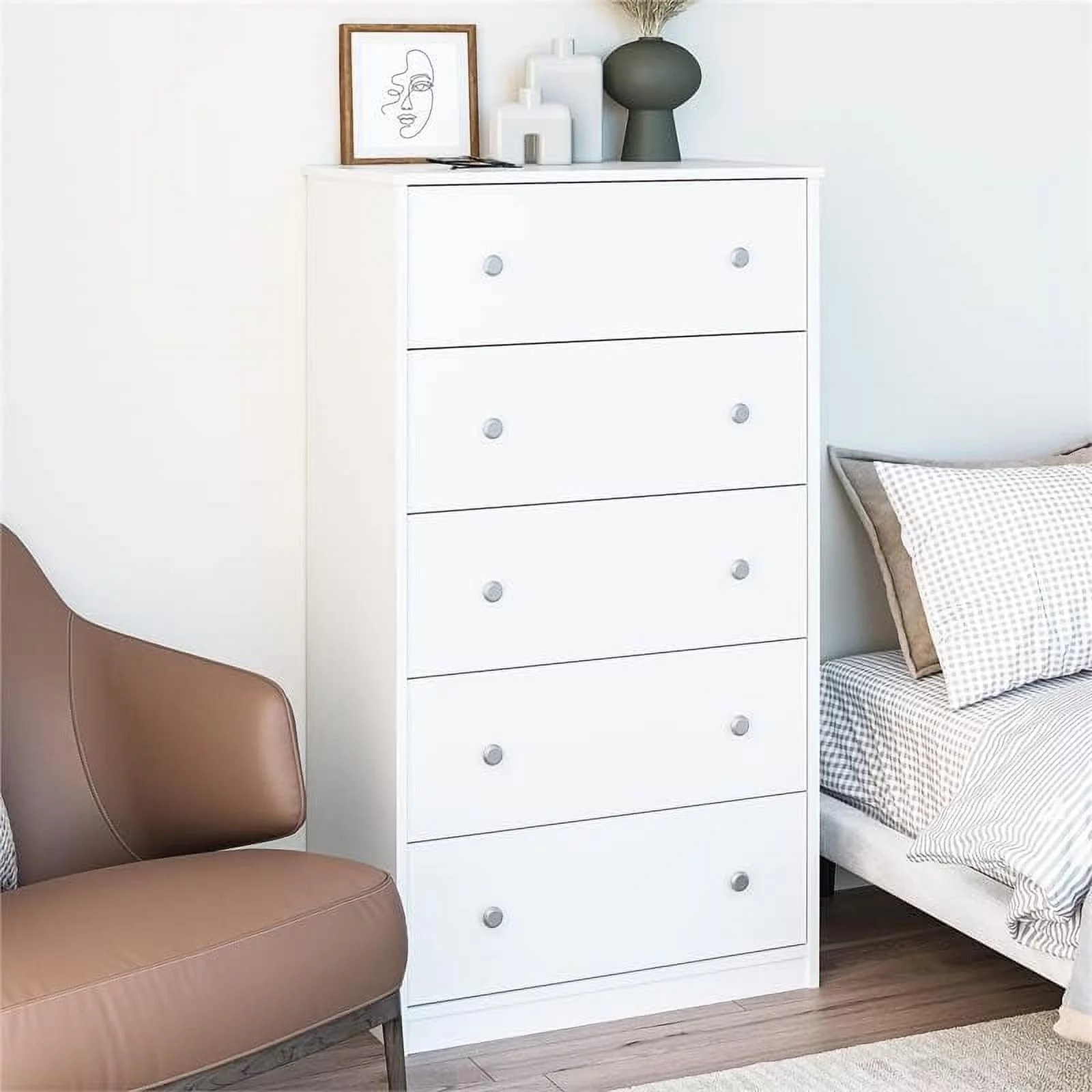 Transitional Tall 5 Drawer Dresser In White Finish