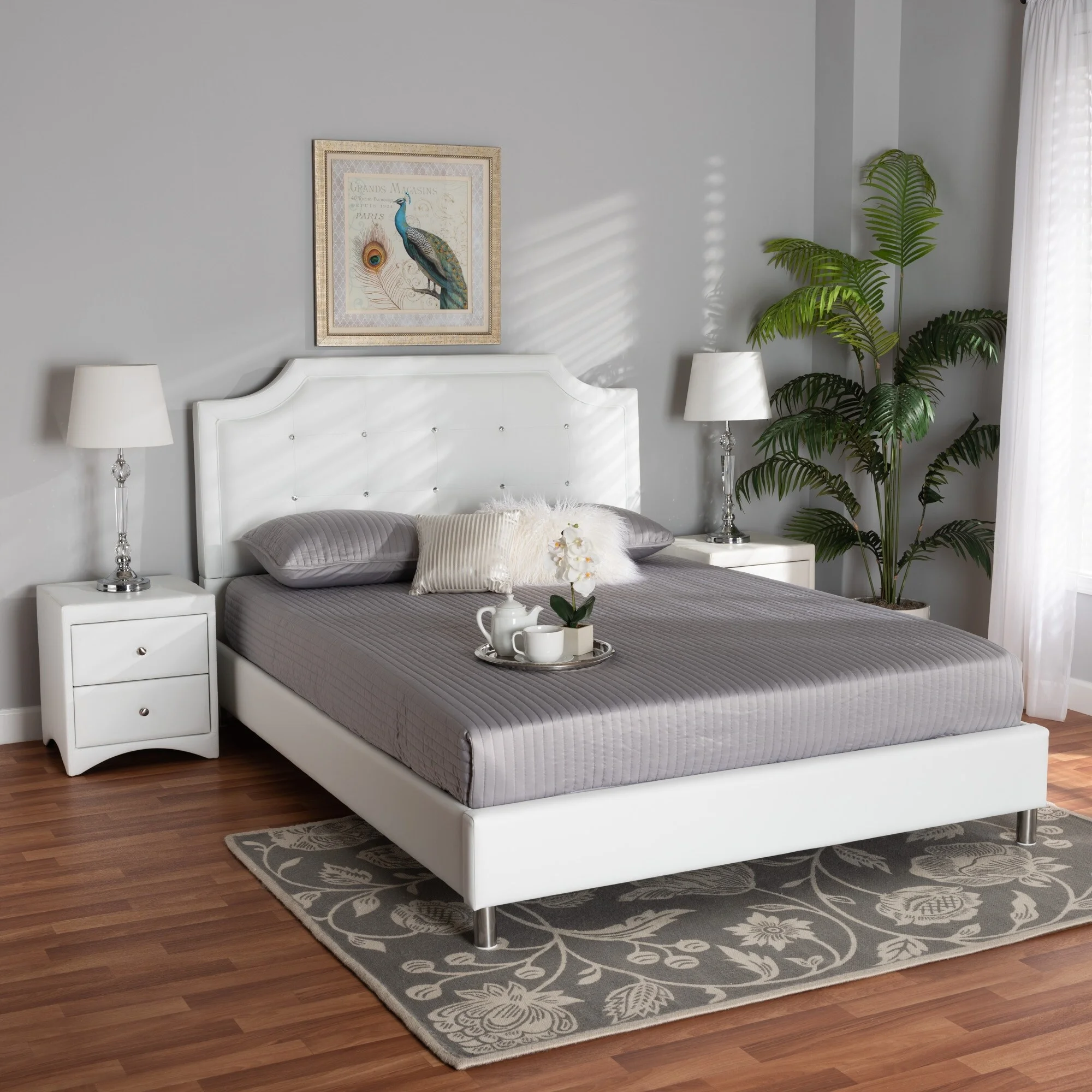 Baxton Studio Carlotta Contemporary & Glam styled 3-Piece Bedroom Set with White Faux Leather Upholstered bed Full