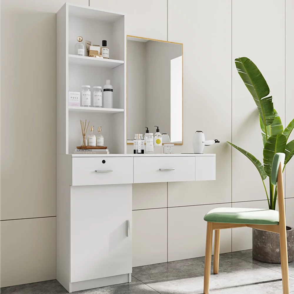 Vanity Table with Storage, Modern 2 Drawers and 1 Cabinet Makeup Dressing Desk with Hair Dryer Hole, Makeup Vanity Desk Hair Desk with Storage Shelves, Bedroom Vanities Set, White