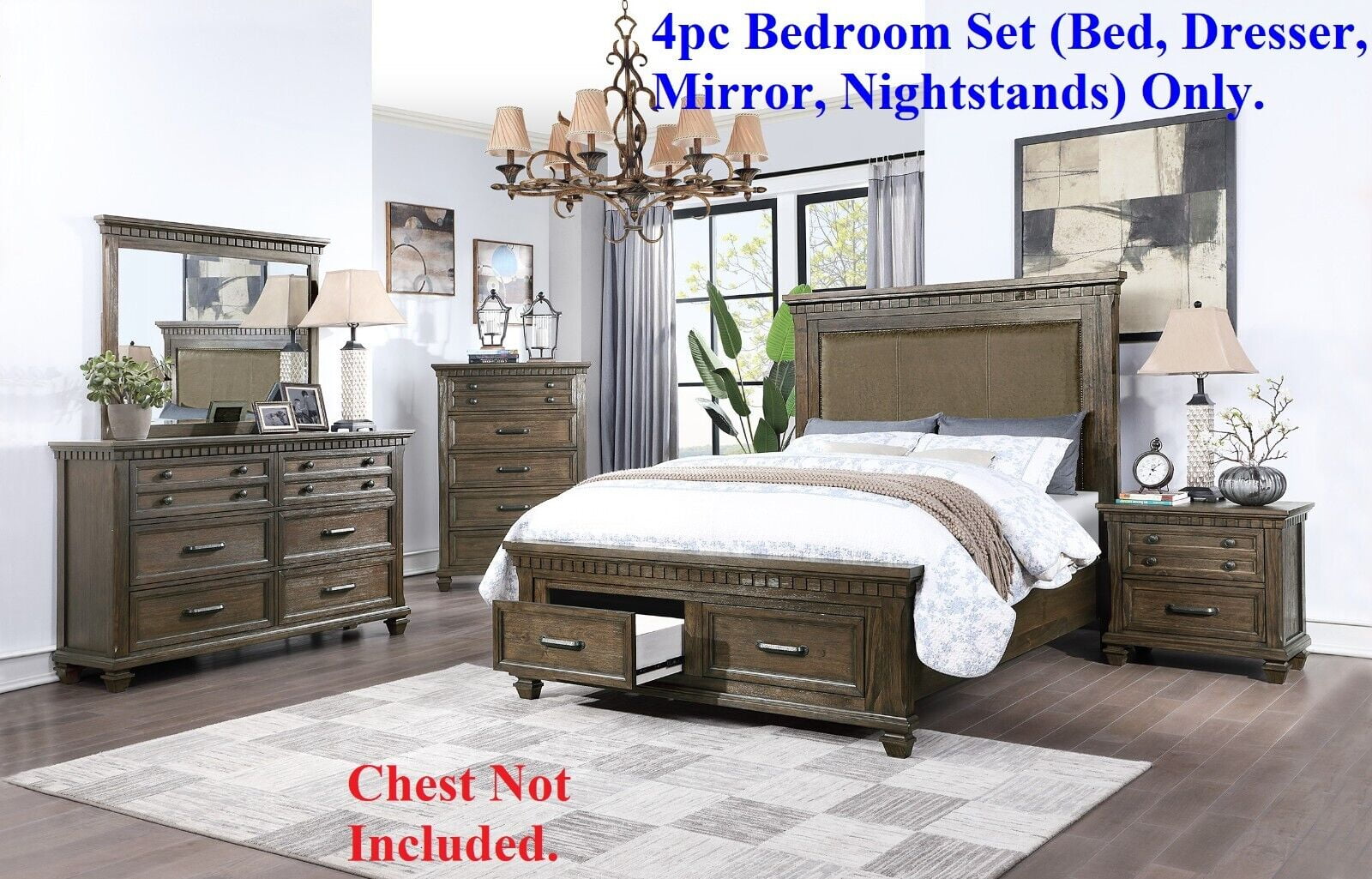 Antique Brown Finish Contemporary Queen Size Bed Dresser Mirror Nightstands 4pc Bedroom Furniture Upholstered Headboard