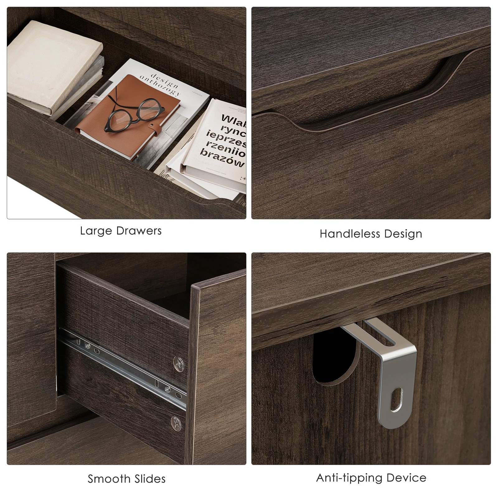 Homfa 5 Drawer Tall Dresser, Wood Storage Nightstand Chest of Drawers with Cutout Handles for Living Room, Dark Brown