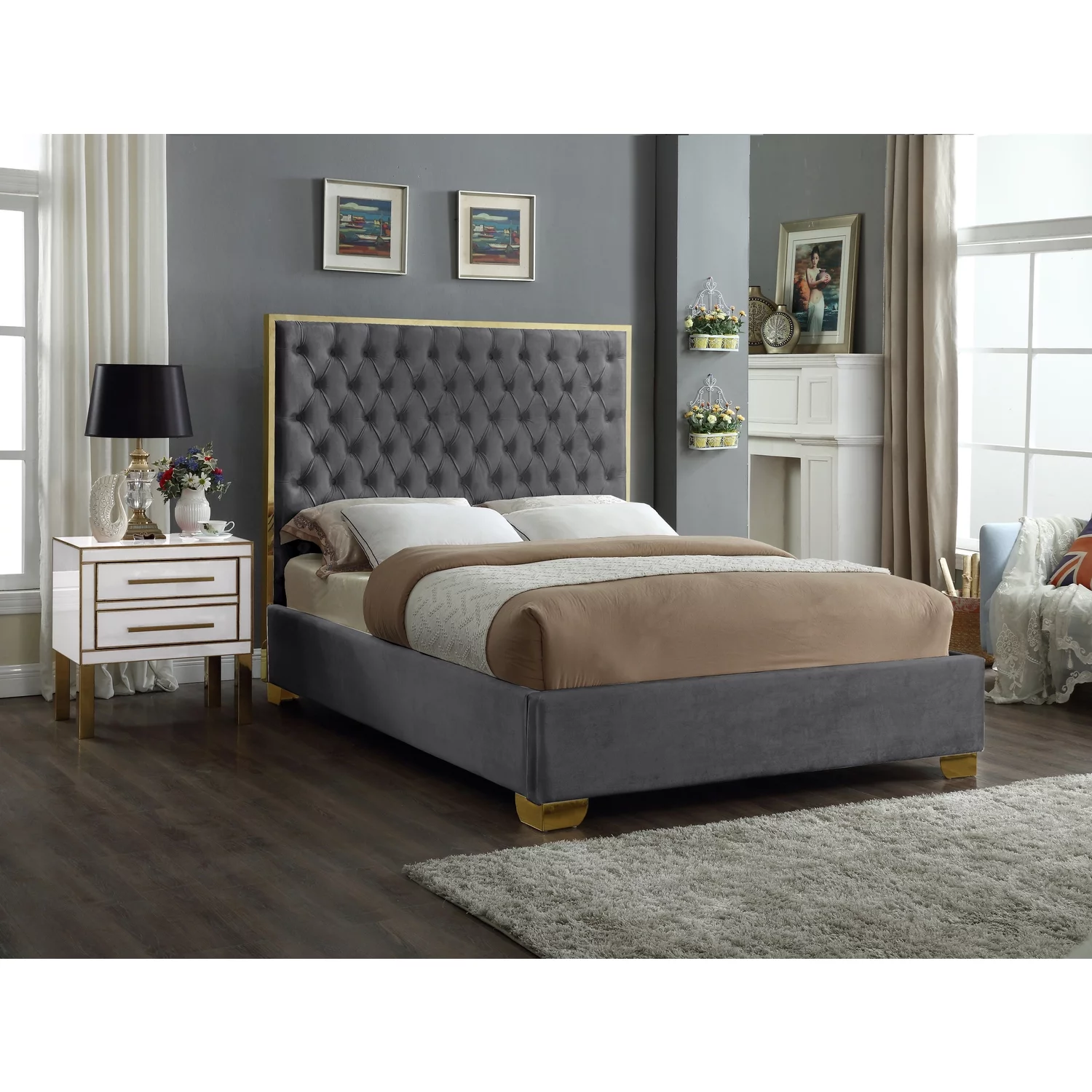 Meridian Furniture Lana Solid Wood and Velvet Queen Bed in Gray