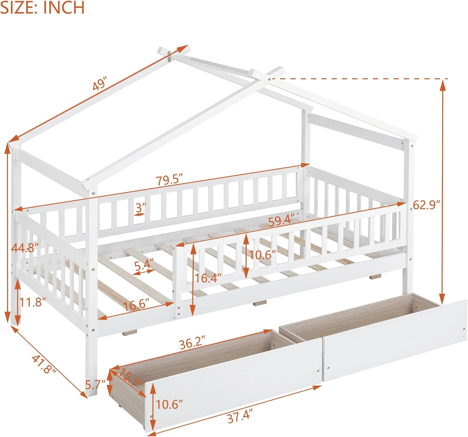 Modern Twin Size Wooden House Bed with Two Drawers,Wooden Platform Daybed Frame with Roof and Safety Guardrail,for Teens Boys Girls Bedroom Dorm