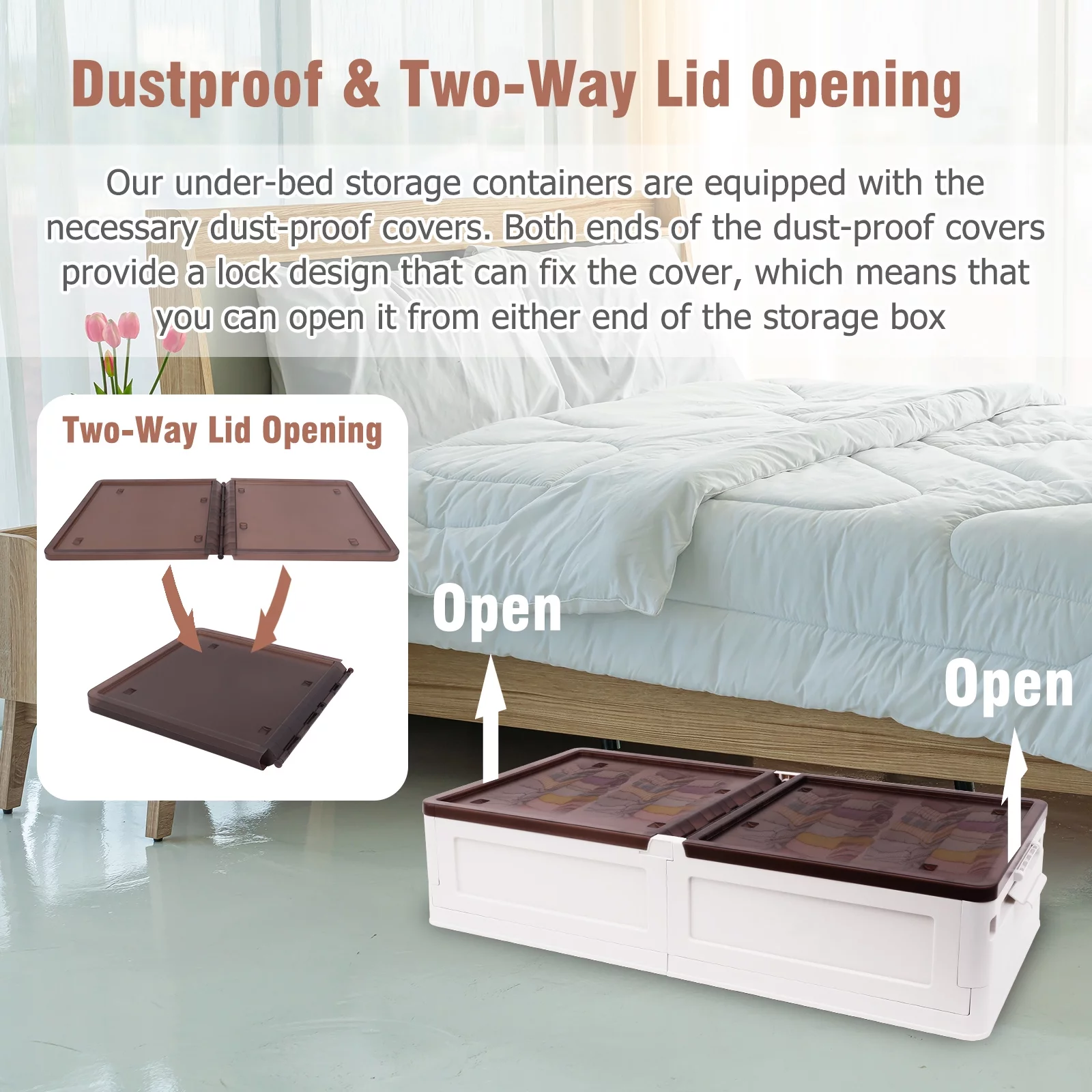 2 PCS Under Bed Storage Boxes, Stackable Under Bed Plastic Rolling Storage Containers, 57.5QT Storage Bins on Wheels, Multi-purpose Storage Bins W/Lids & Handles for Clothes, Shoes White