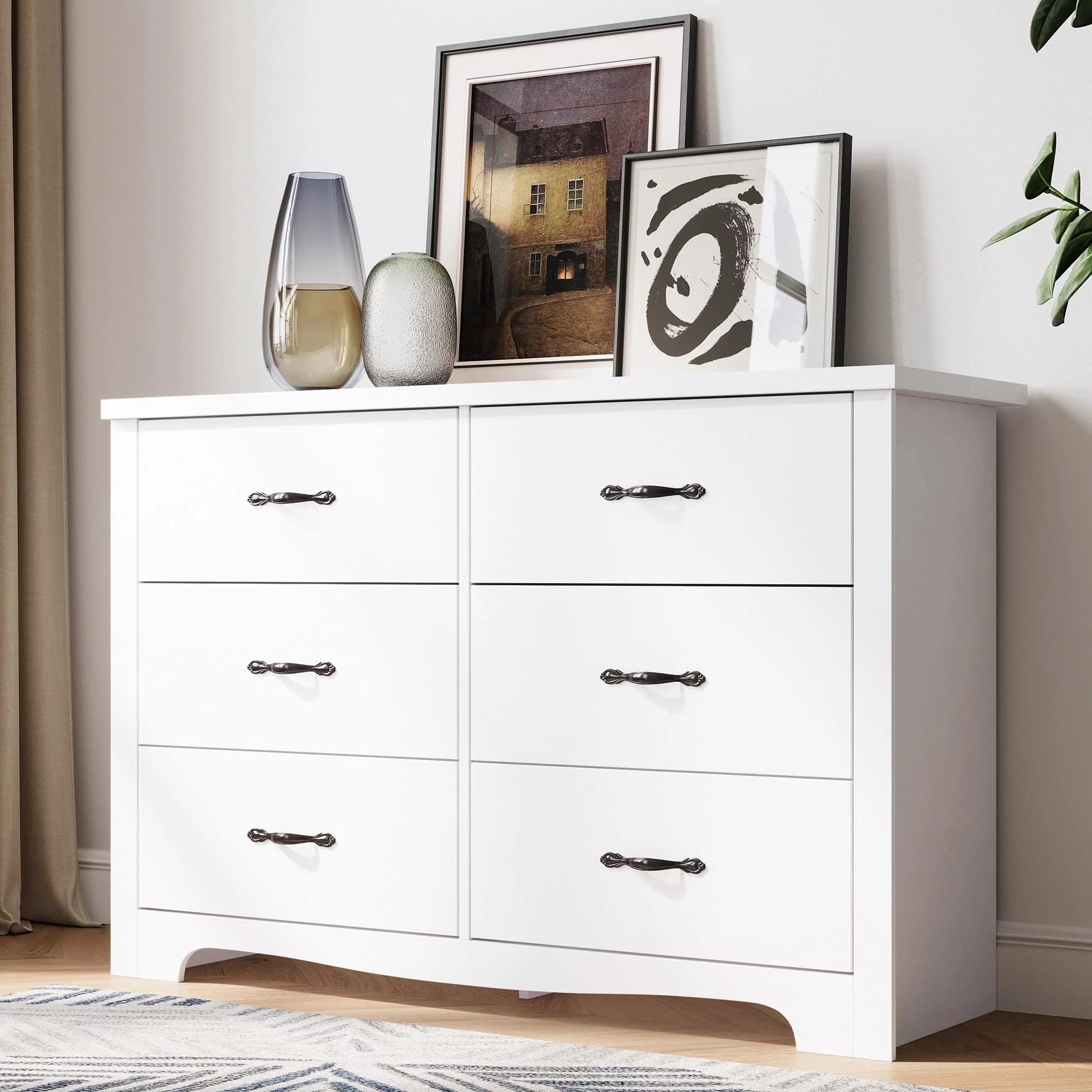 LINSY HOME Dressers for Bedroom, 6 Drawers Chest, Nursery Dresser Organizer, Wide Dresser Chest of Drawers - White