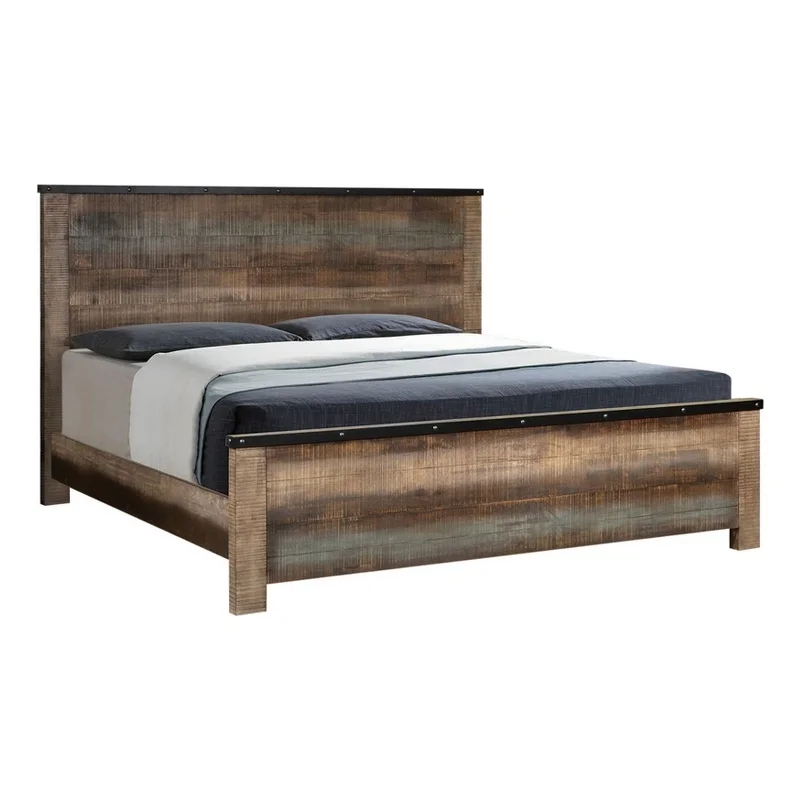 Plank Style Rustic Eastern King Bed with Metal Edge Multicolor