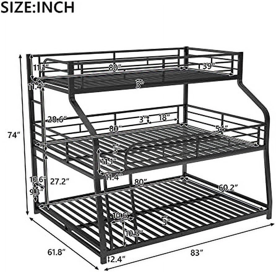 RUNFAYBIU Metal Triple Bunk Beds Twin XL/Full XL/Queen  Made of Heavy Duty Steel with Long and Short Ladder and Full-Length Guardrails for Boys  Girls  Teens (White)