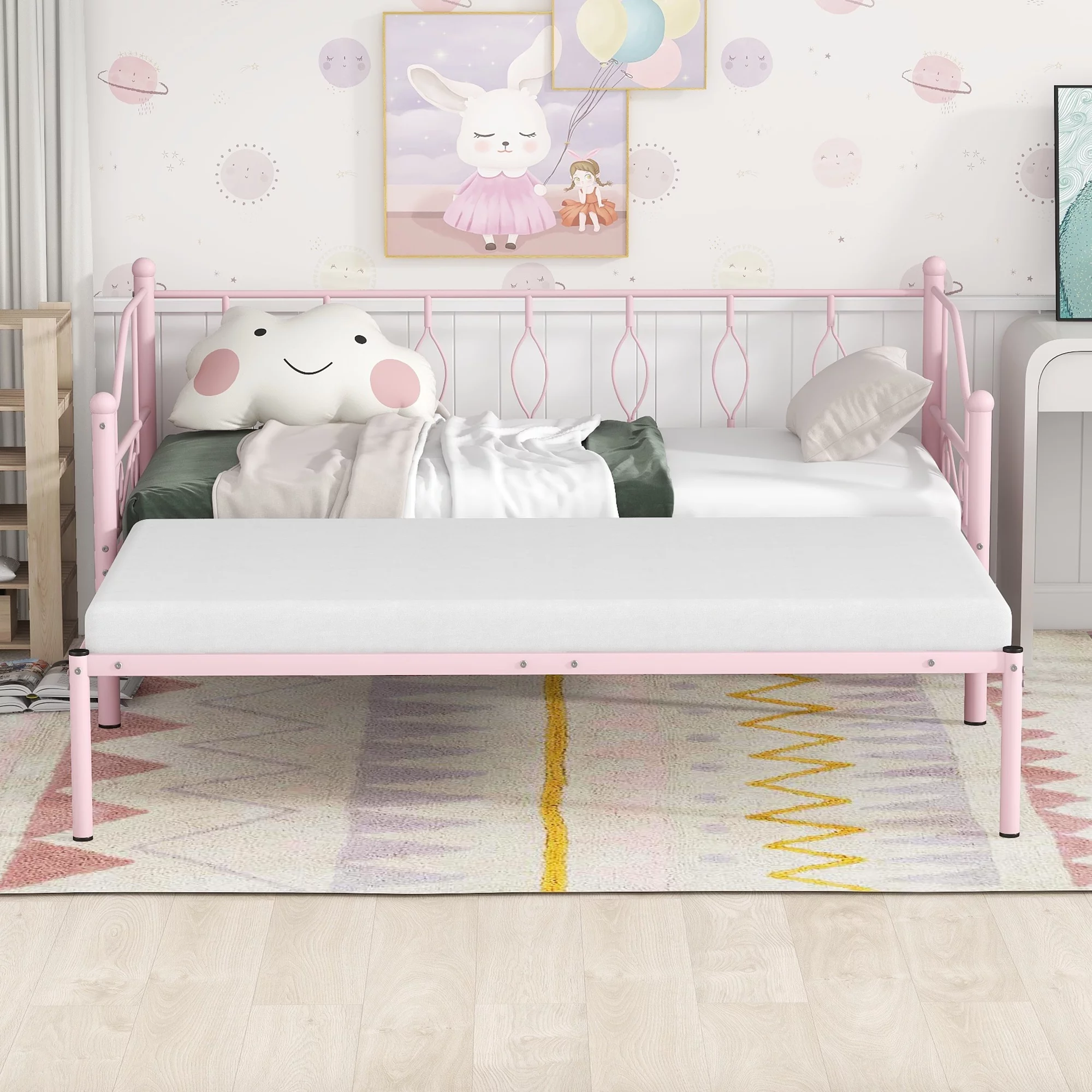 Gewnee Metal Daybed with Trundle,Kids Twin Size Bed Frame with Metal Slat Support,Pink