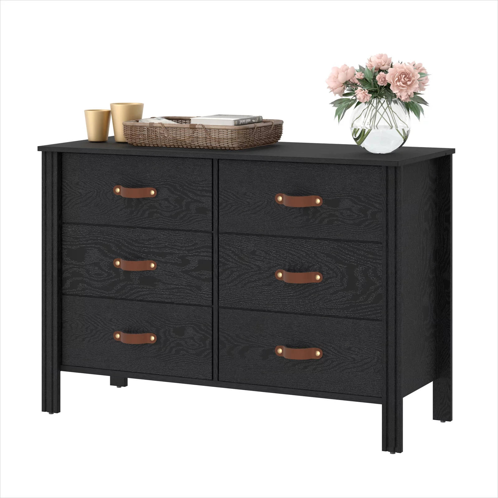 Dresser for Bedroom, Wood Dresser with 6 Drawers, Storage Cabinet for Living Room, Hallway, Black