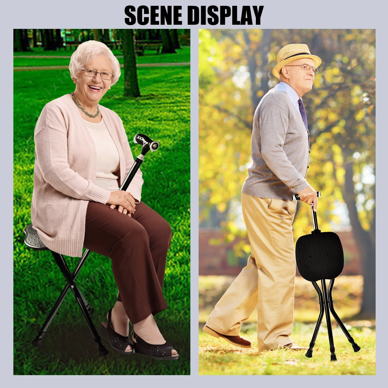 Hold 440 lbs Cane with Seat Combo Aluminum Alloy Portable LED Folding Walking Stick Chair Height Adjustable Heavy Duty Thick Stool Handy Unisex for Elderly Senior Light