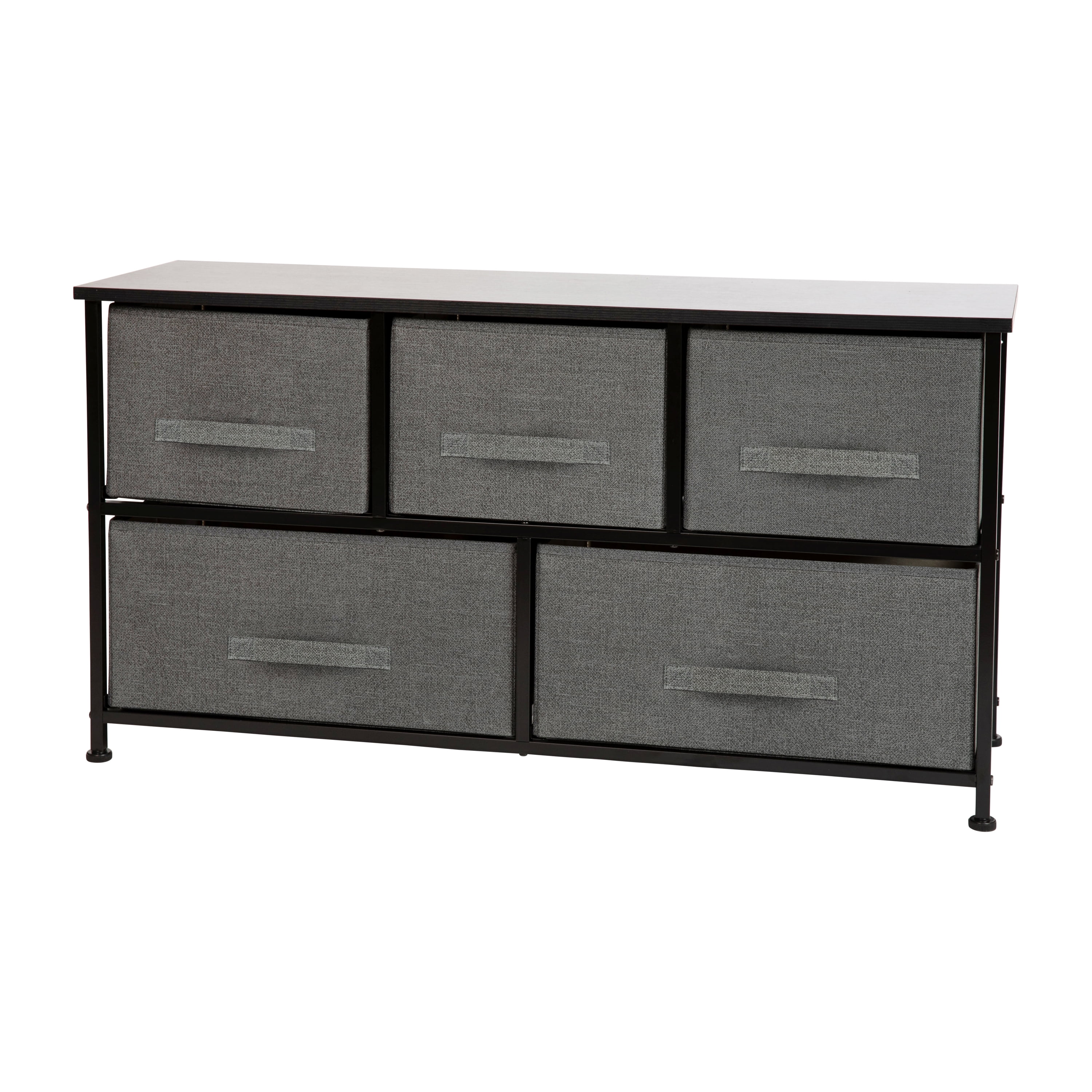 Flash Furniture Harris 5 Drawer Wood Top Black Cast Iron Frame Vertical Storage Dresser with Dark Gray Easy Pull Fabric Drawers