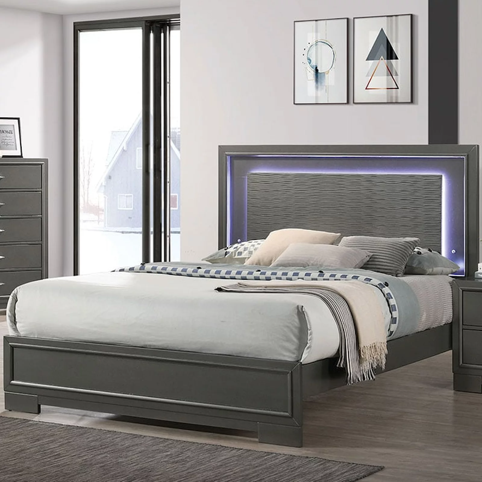 Metalic Gray Modern Contemporary 1pc Full Size Bed Textured Headboard w LED Bracket Feet Bedroom Furniture
