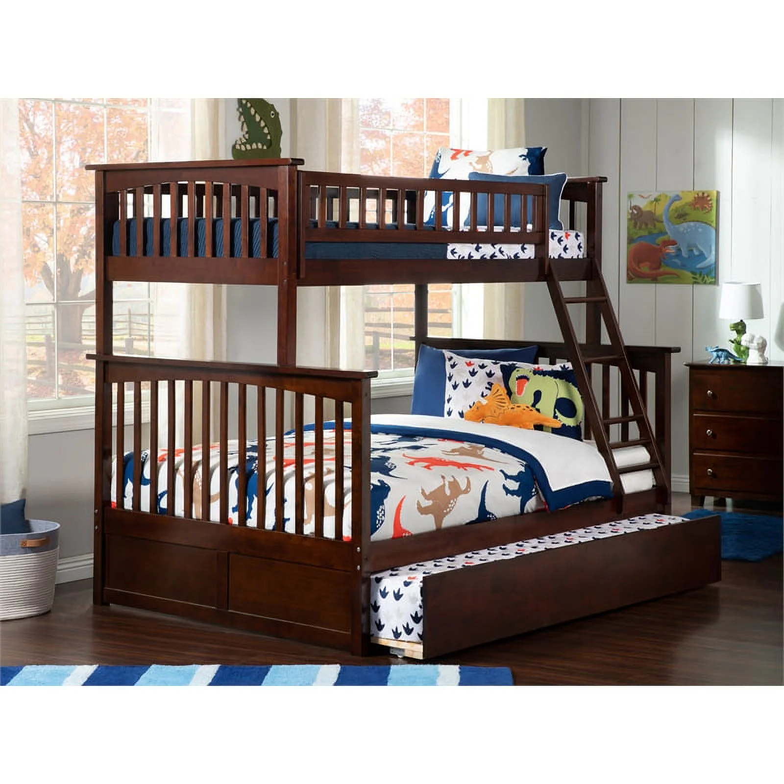 Pemberly Row Twin over Full Solid Wood Bunk Bed with Trundle in Walnut