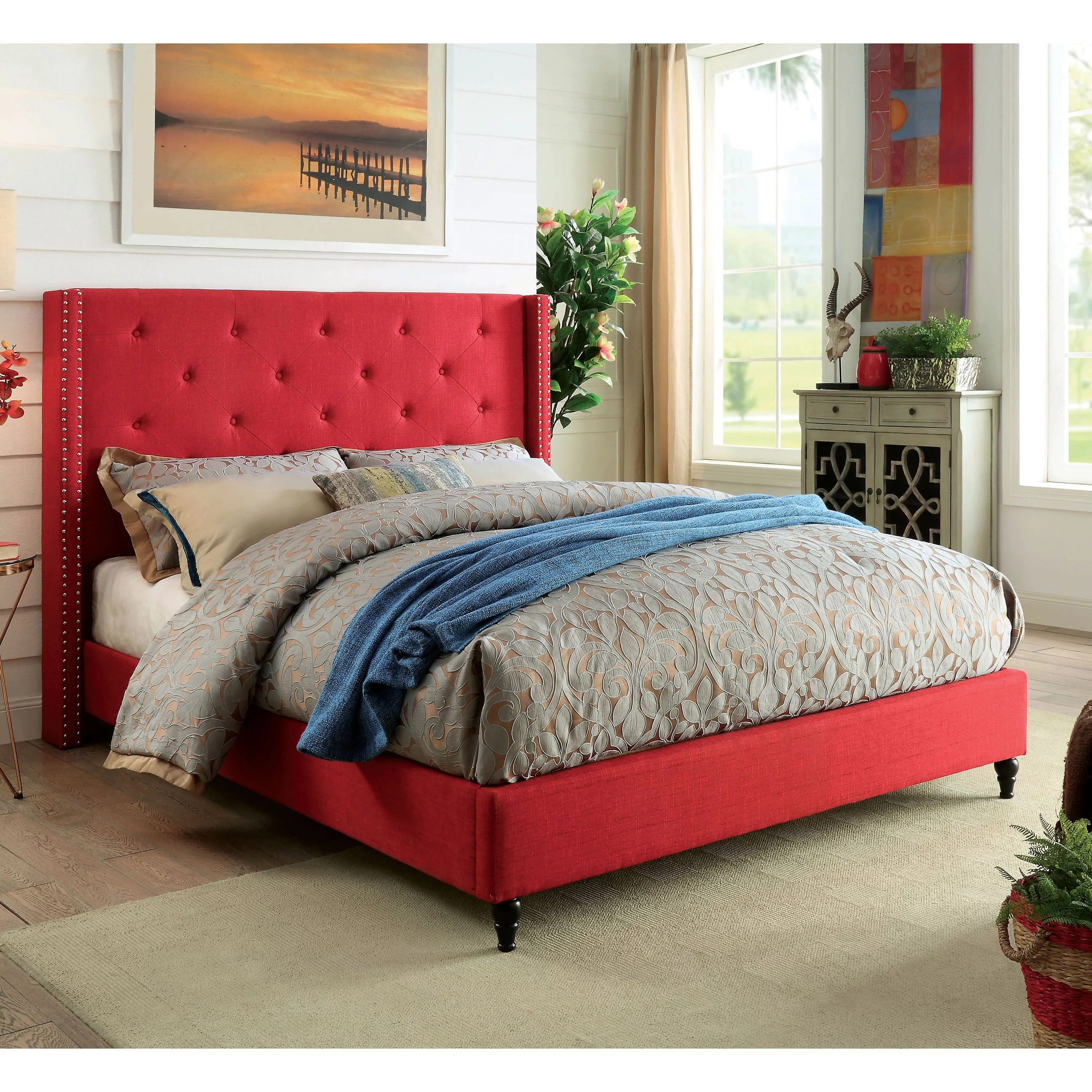 Furniture of America Luz Contemporary Fabric Platform Bed, Full, Red