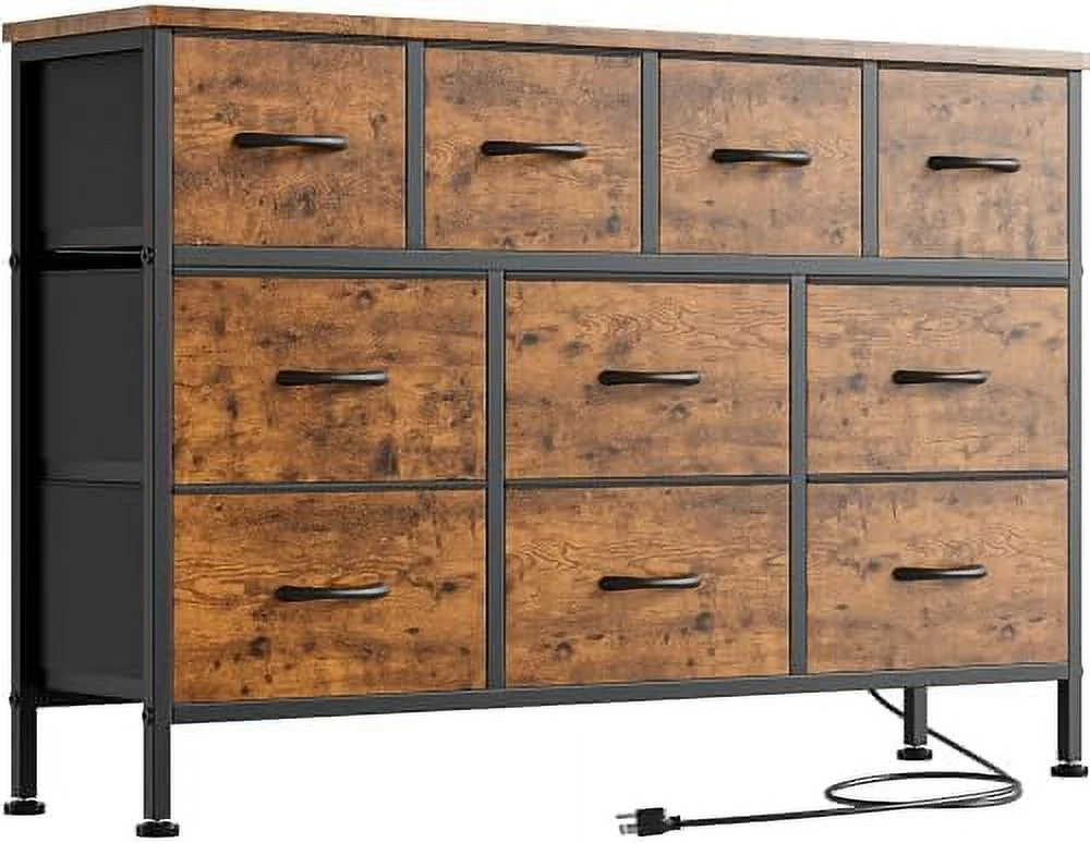 Dresser TV Stand with Power Outlet 43" Long Dresser for Bedroom with 10 Fabric Drawers Chest of Drawers for Living Room Hallway (Black Wood Veins)