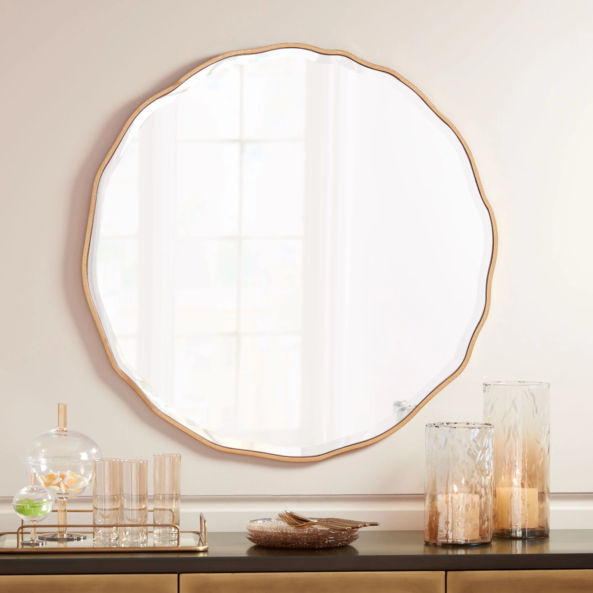 Noble Park Lissa Round Vanity Decorative Wall Mirror Modern Beveled Edge Gold Waved Wood Frame31 1/2