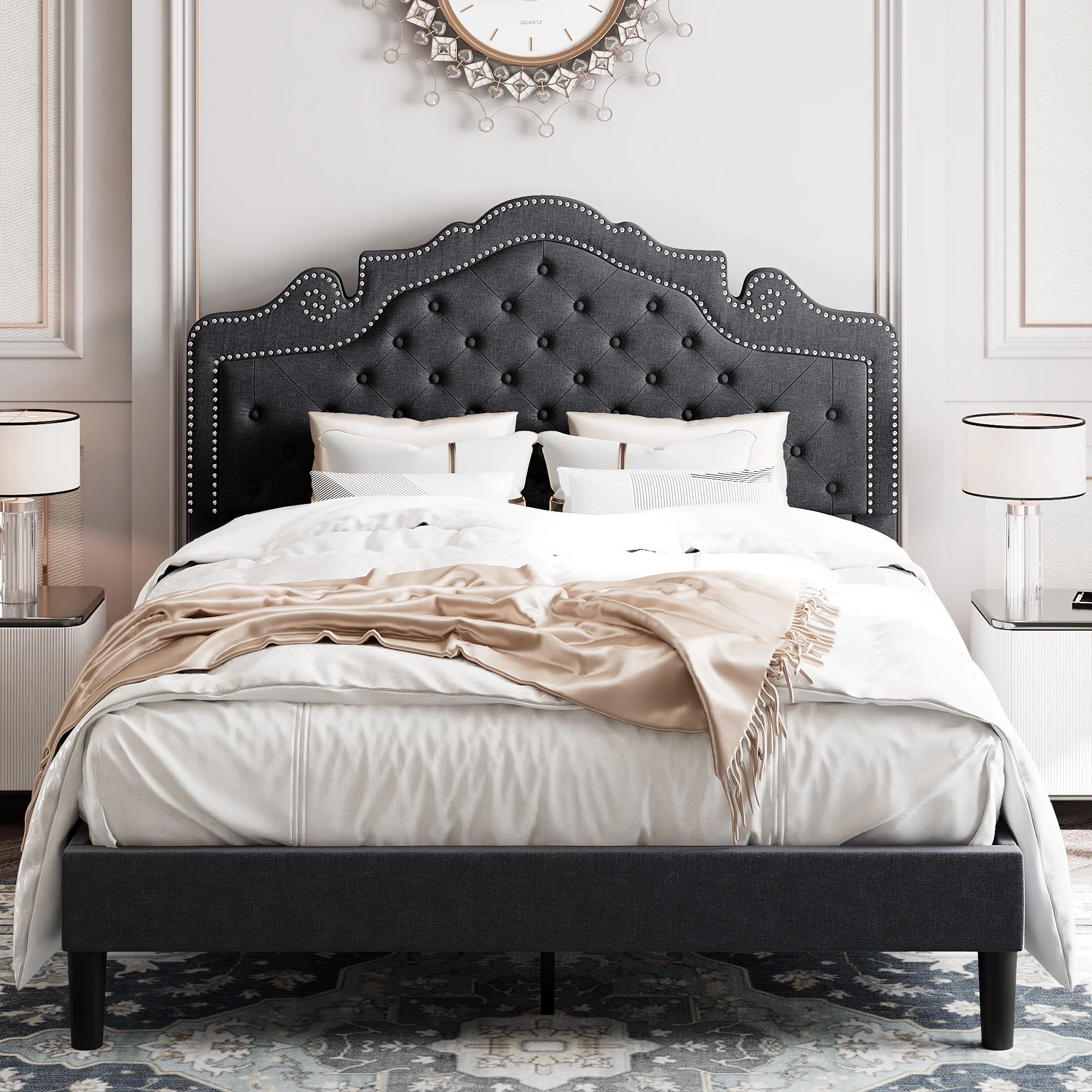 Allewie Queen Size Platform Bed Frame with Tiara Upholstered Diamond Button Tufted Headboard, Dark Grey
