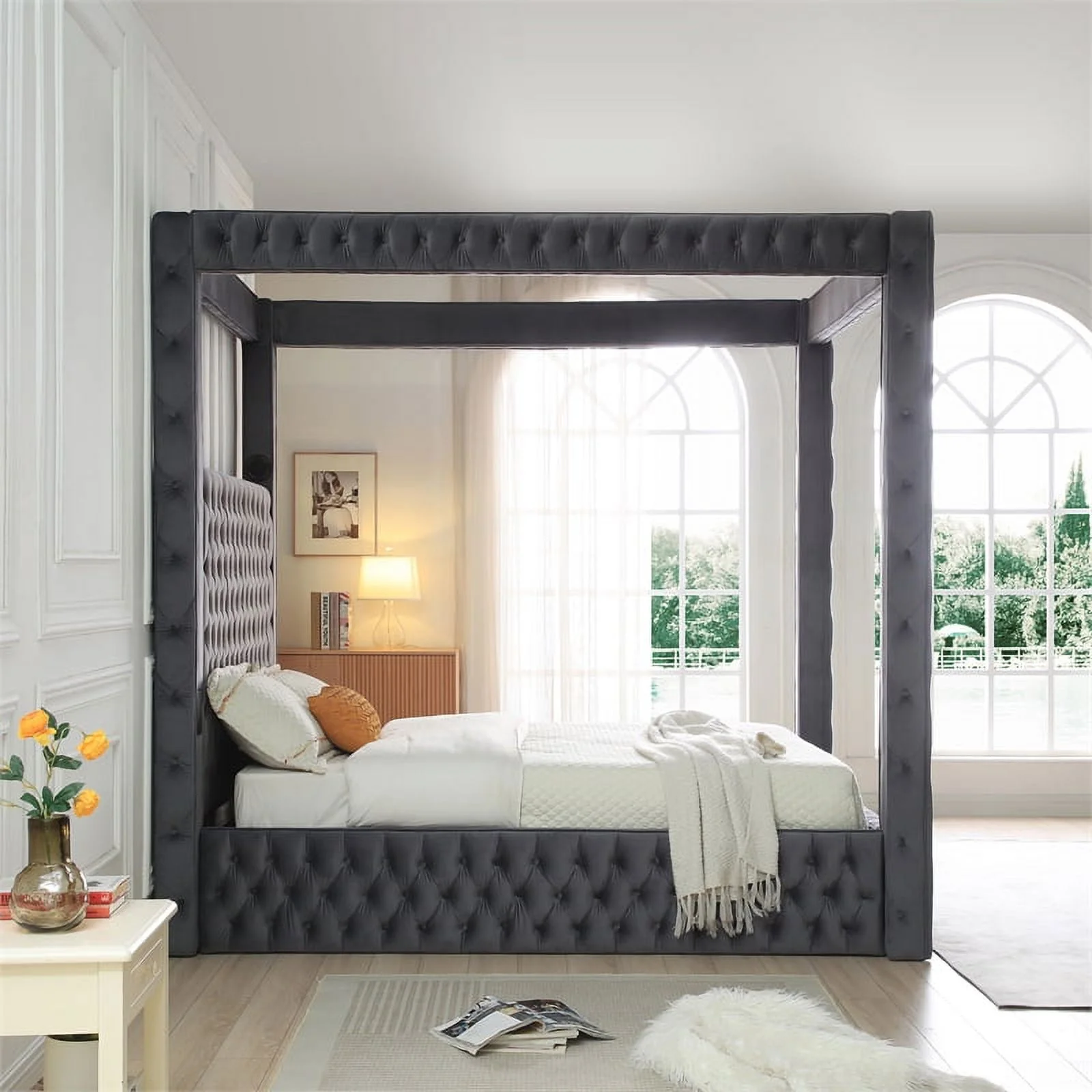 Better Home Products Dream 70.5 x 89 Velvet Upholstered Queen Canopy Bed in Gray