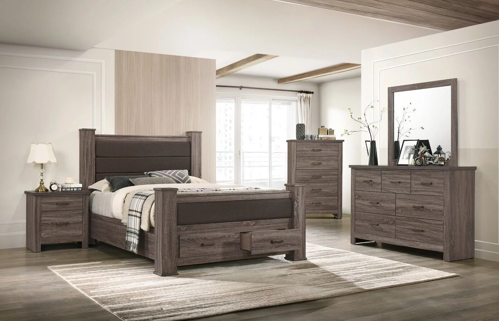 Transitional Elegant Wooden 6pc Bedroom Set Cal King Size Bed w Drawers Dresser Mirror 2x Nightstands Chest Bedroom Furniture