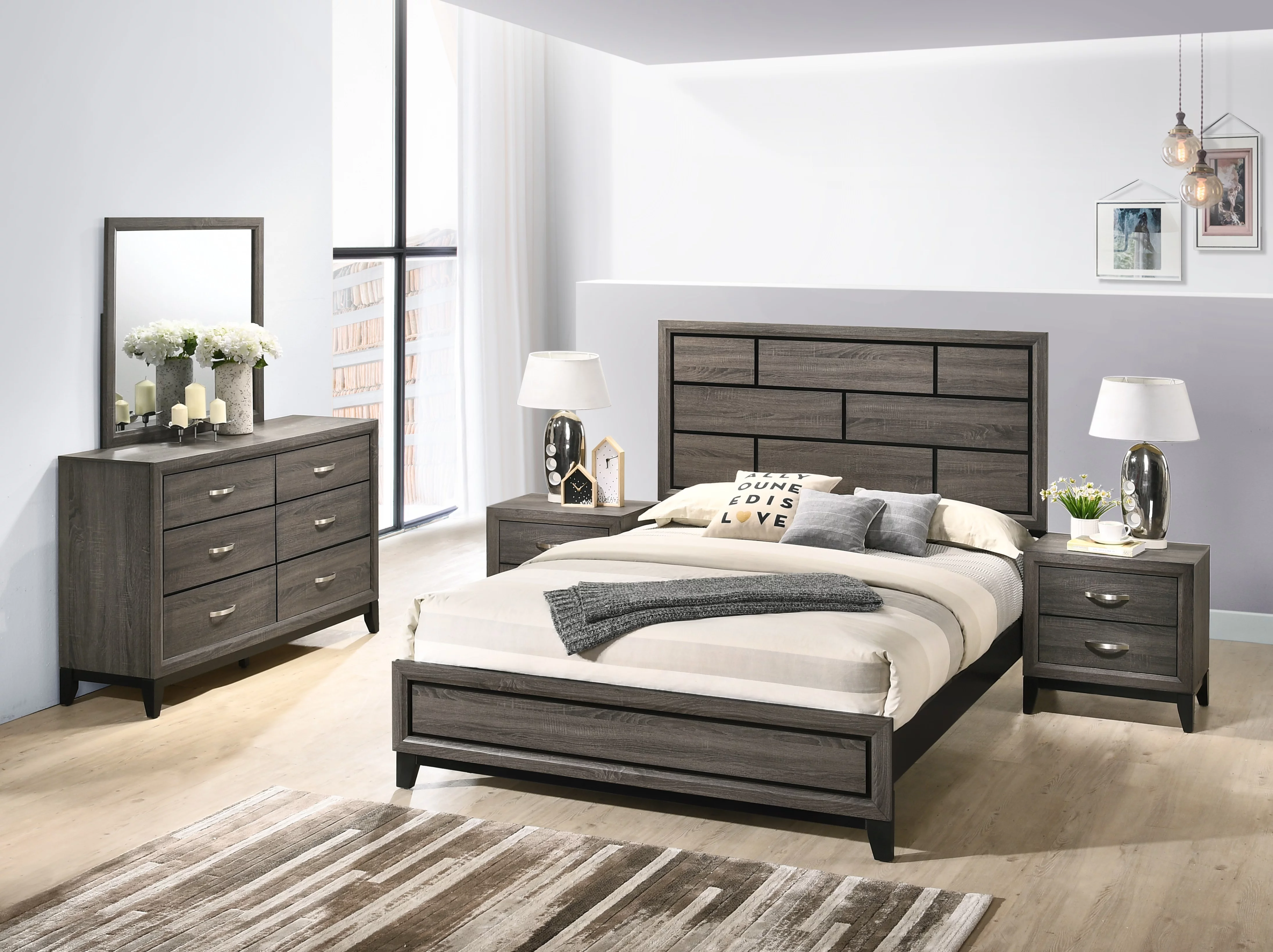 Stout Panel Bedroom Set with Bed, Dresser, Mirror, 2 Nightstands, Wood, Dark Ash Gray, Queen Size