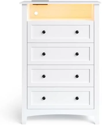 RUNFAYBIU 4 Drawer Dresser for Bedroom with LED Lights Chests of Drawer with Charging Station White Modern Dresser with Deep Drawers for Hallway Living Room