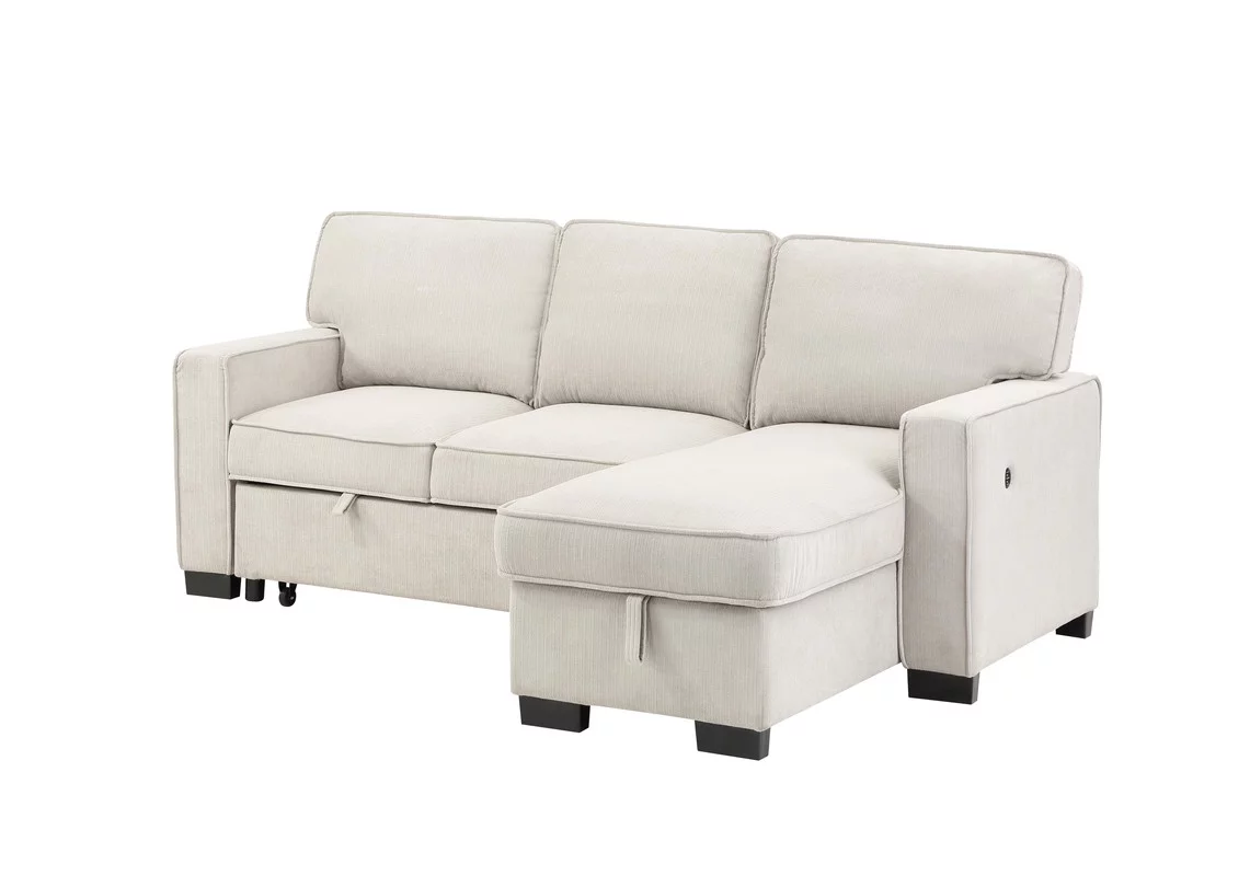 Estelle Beige Fabric Rev. Sleeper Sectional Storage Chaise Cup Holders USB Ports