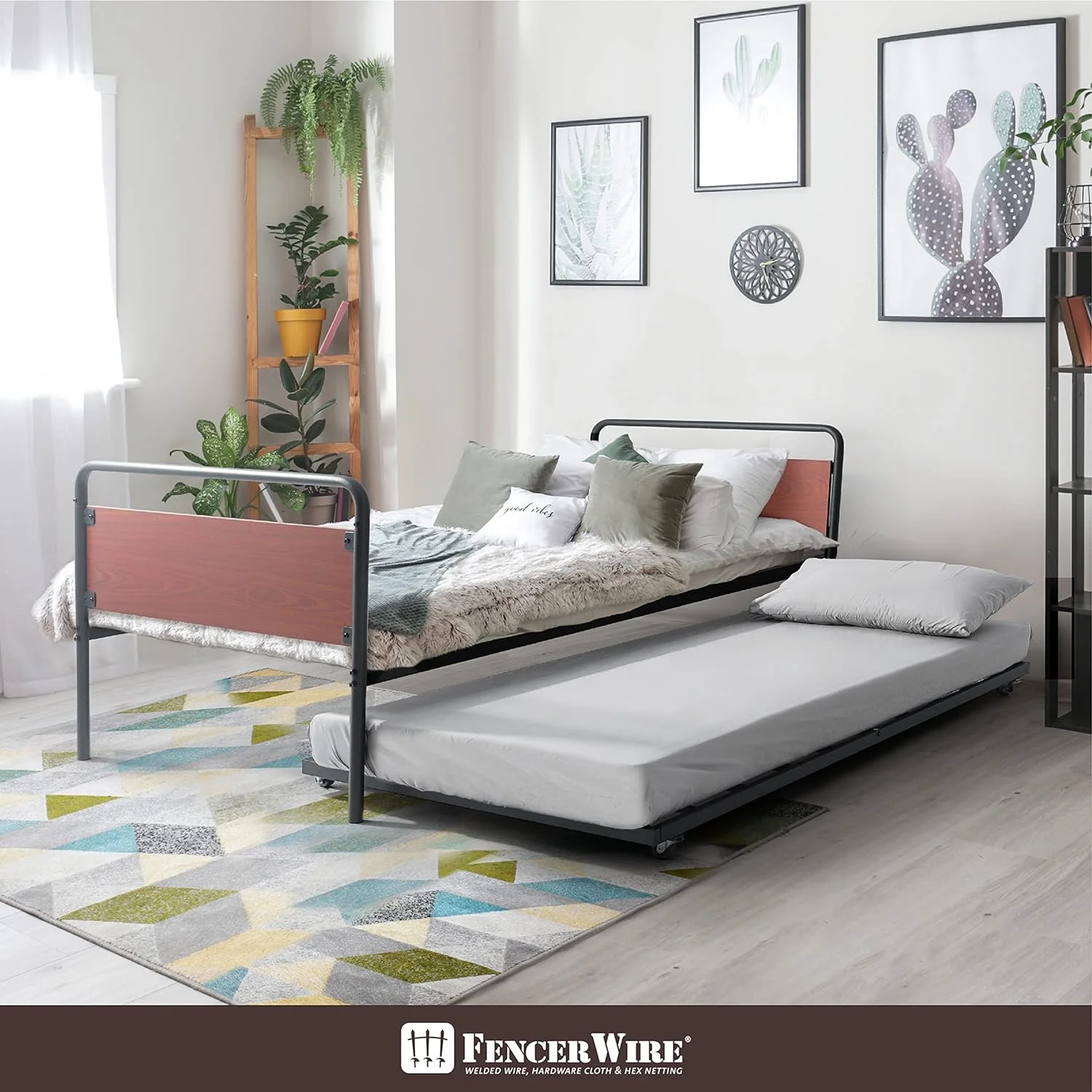 Round Corner Daybed And Trundle Set, Metal Bed Frame With Trundle, Mattress Foundation With Steel Slat Support And Roll Out Trundle Accommodate, Premium Steel & P2 Board, Walnut