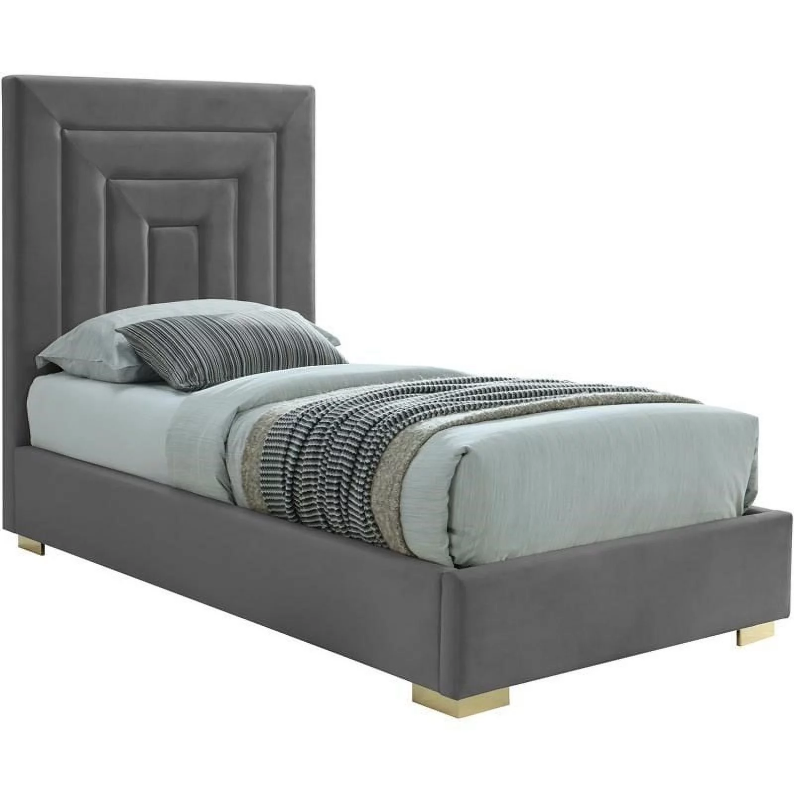 Maklaine Contemporary Gray Velvet Twin Bed with Gold/Chrome Legs Included