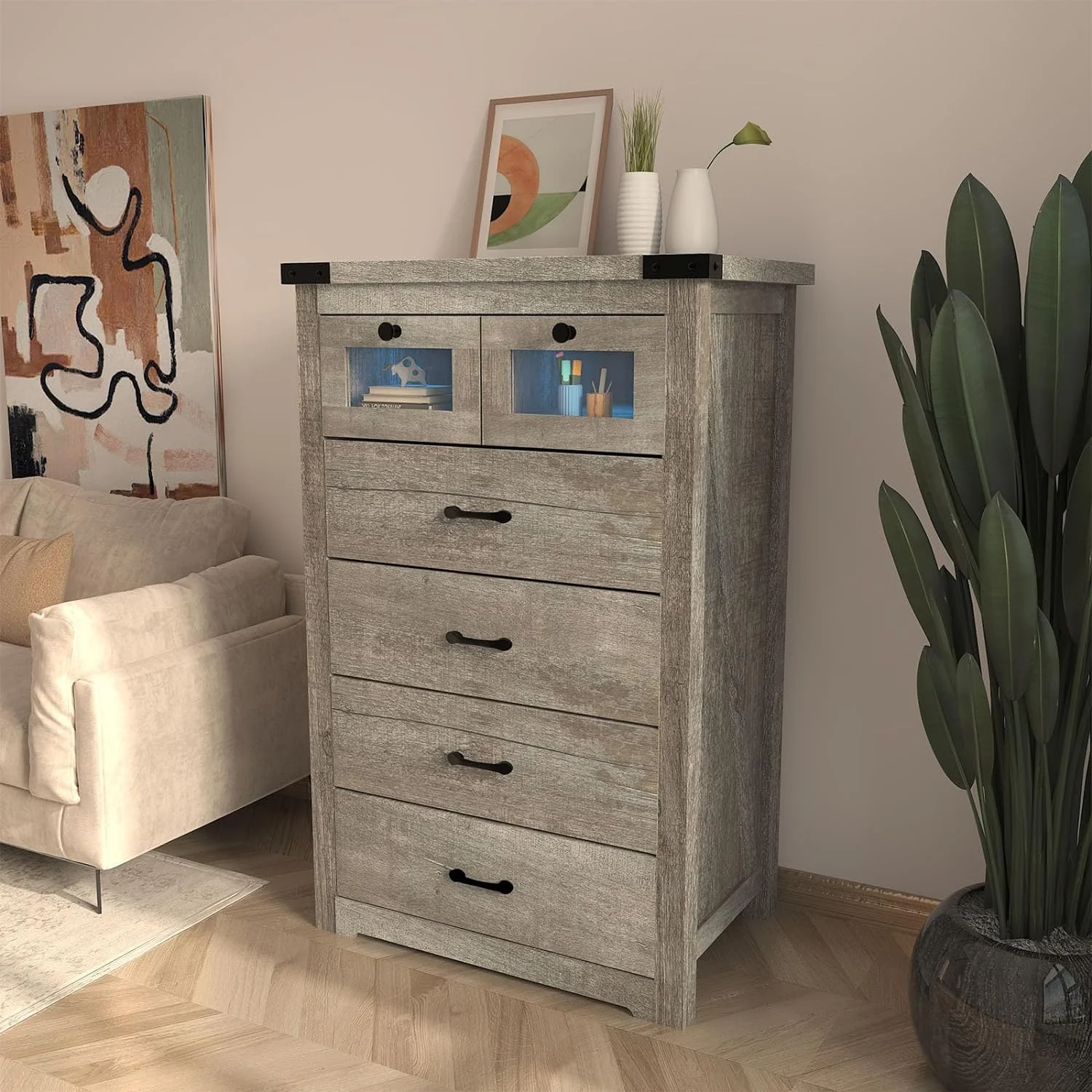 HBBOOMLIFE Modern 6-Drawer Bedroom Dresser with LED Light Closet Organizer & Large Capacity Cabinet Farmhouse Style Chest of Drawers for Bedroom LCDG002GY