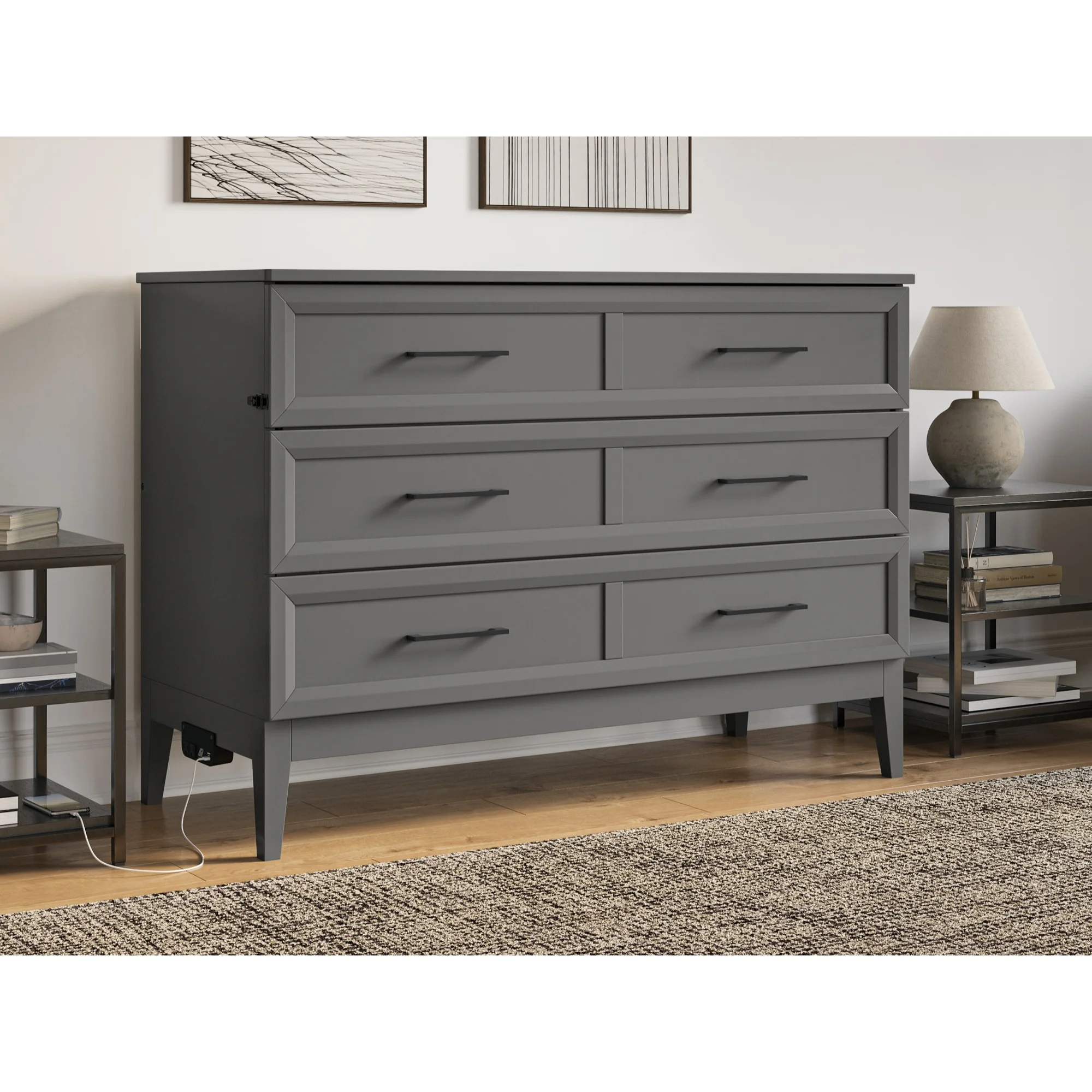Santa Fe Full Murphy Bed Chest with Mattress & Built-in Charger in Gray