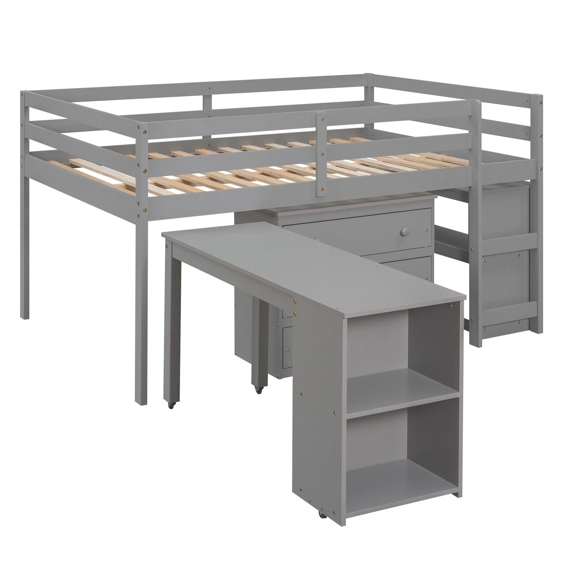 Gray Low Study Full Loft Bed with Cabinet, Shelves, and Rolling Portable Desk - Multifunctional Style