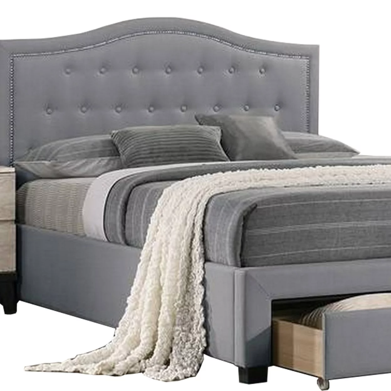 Buk Upholstered Tufted Twin Bed with Storage, Nailhead Trim, Gray Burlap - Saltoro Sherpi